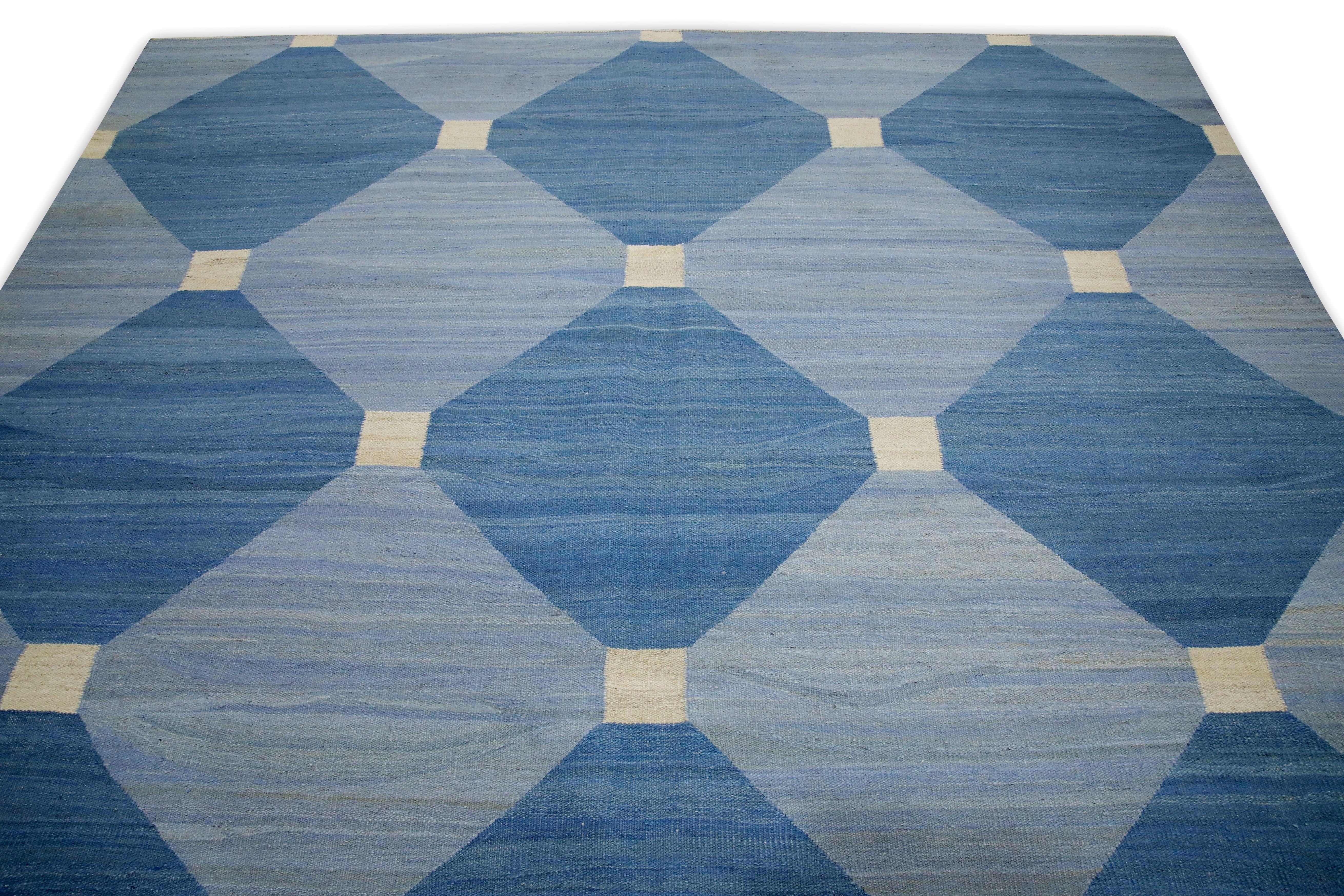 Turkish Blue Geometric Design Modern Flatweave Handmade Wool Rug 8'3