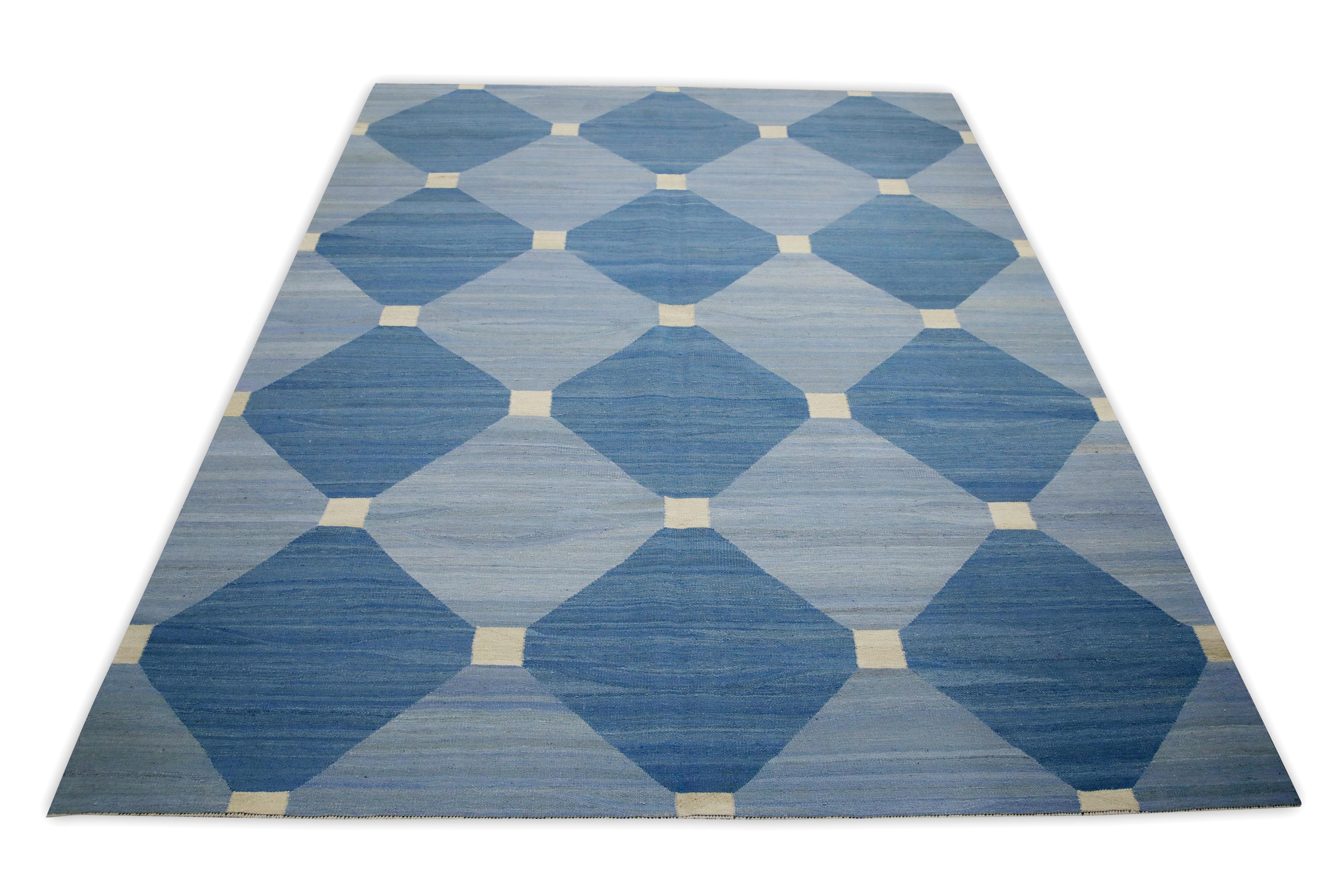 Blue Geometric Design Modern Flatweave Handmade Wool Rug 8'3