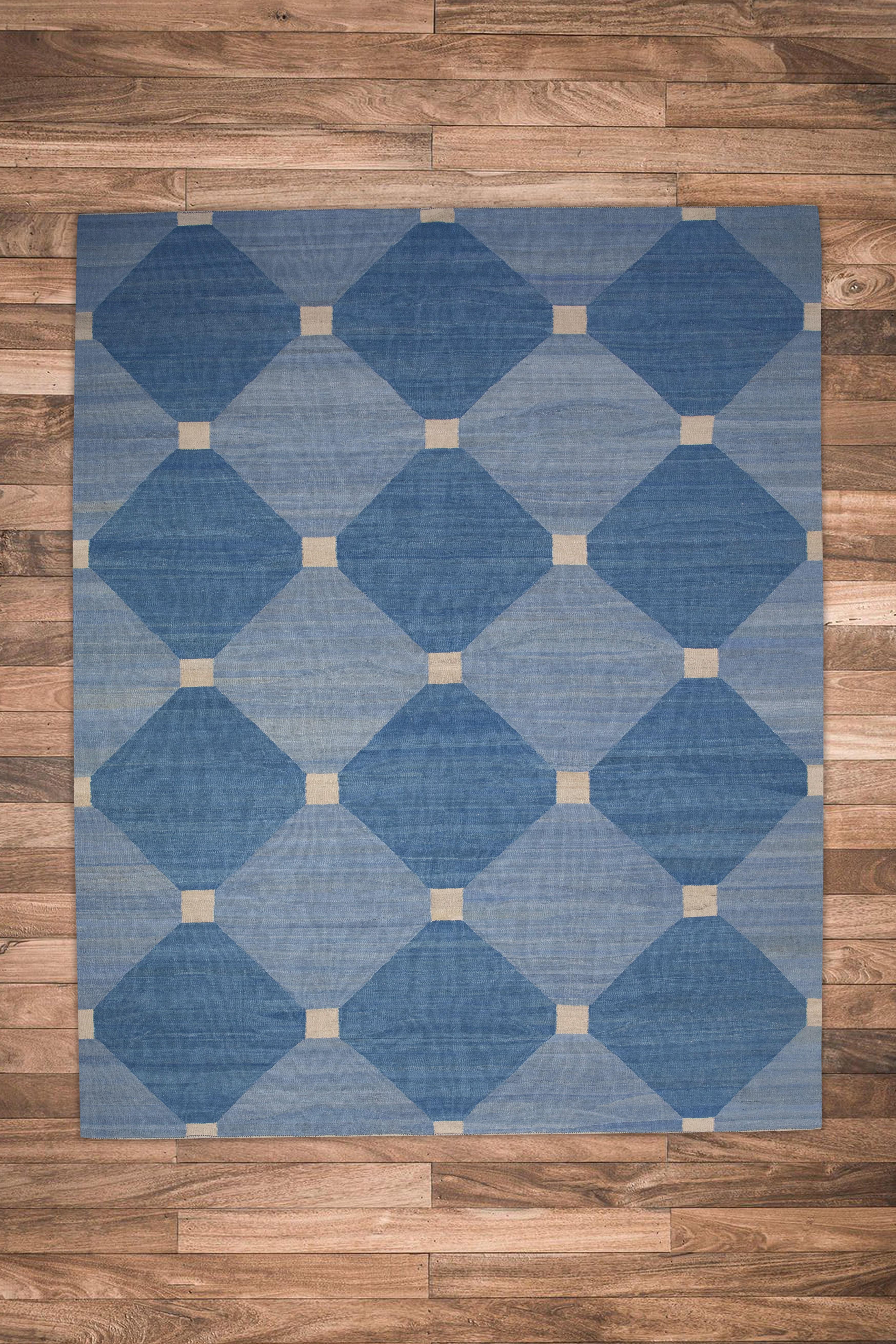 Contemporary Blue Geometric Design Modern Flatweave Handmade Wool Rug 8'3
