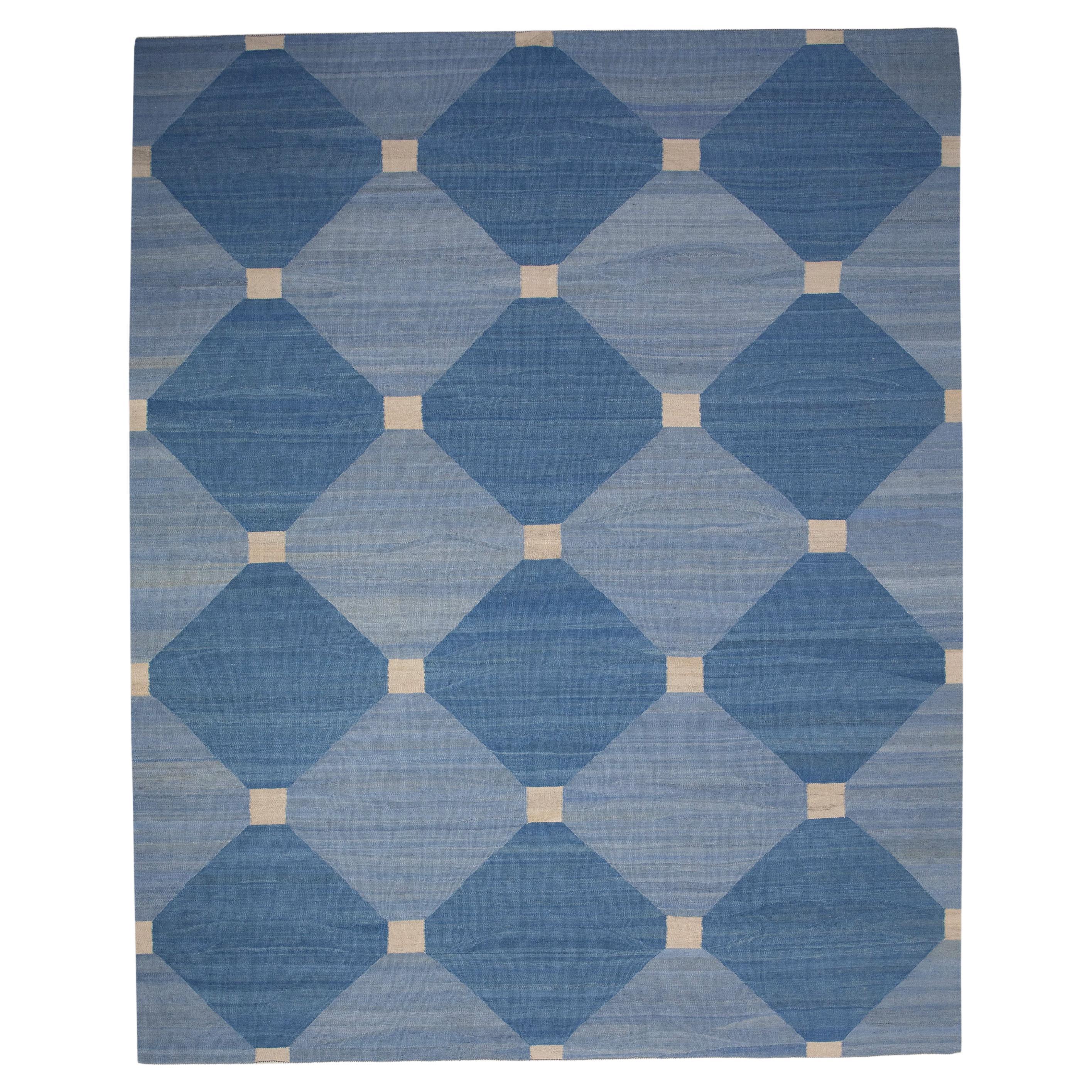 Blue Geometric Design Modern Flatweave Handmade Wool Rug 8'3" x 10'5" For Sale