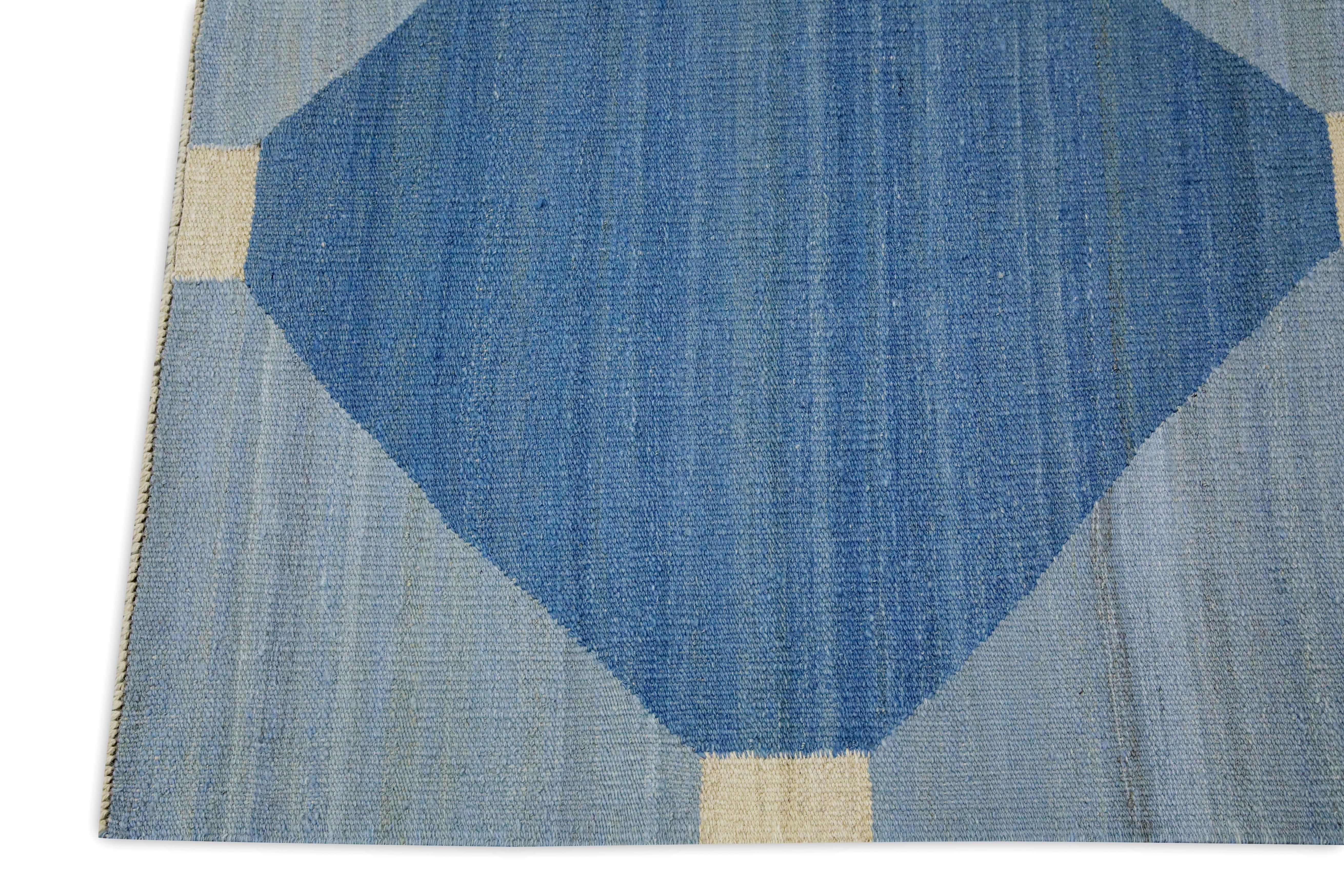 Kilim Blue Geometric Design Modern Flatweave Handmade Wool Rug 8'6