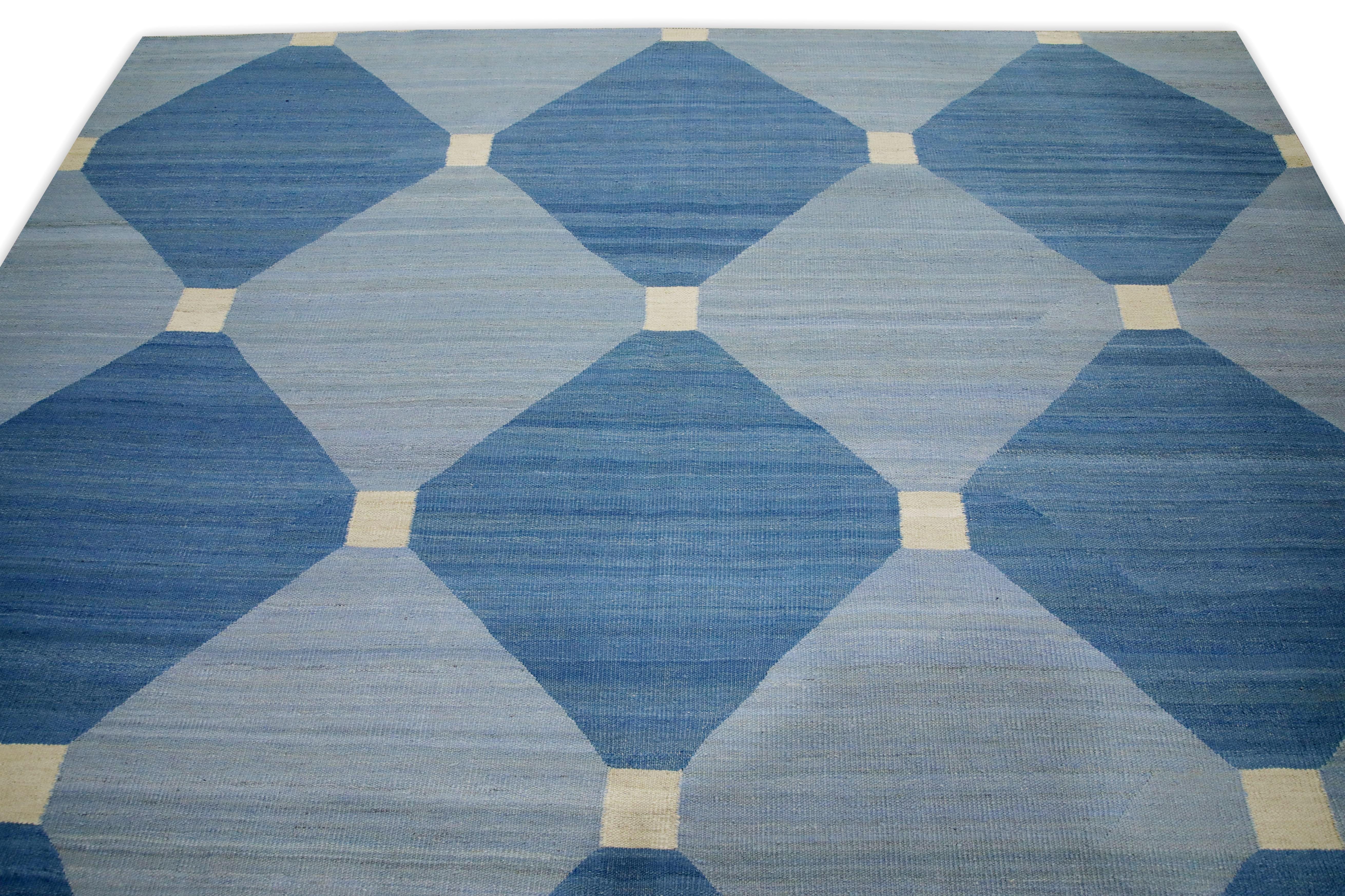 Turkish Blue Geometric Design Modern Flatweave Handmade Wool Rug 8'6