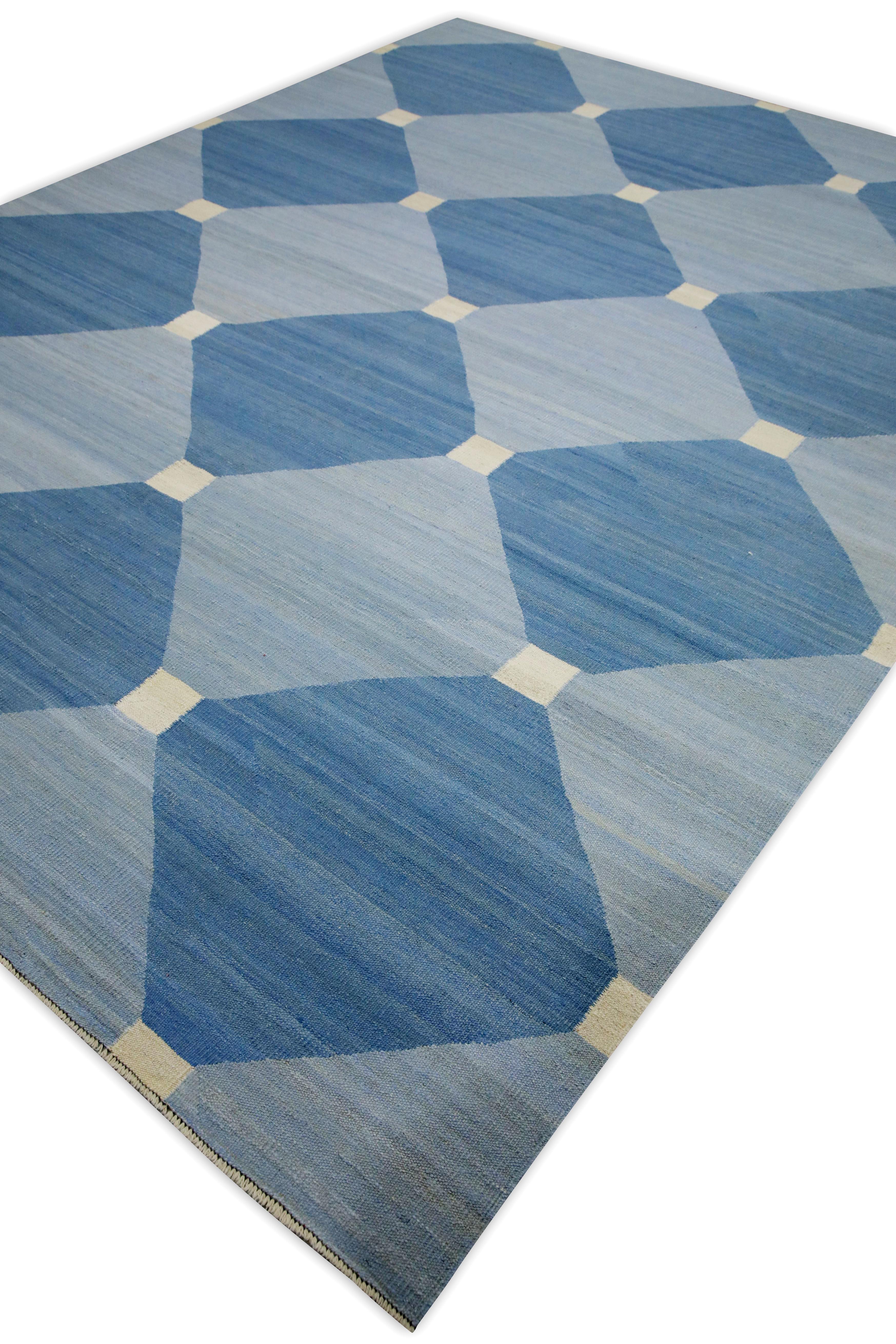 Vegetable Dyed Blue Geometric Design Modern Flatweave Handmade Wool Rug 8'6