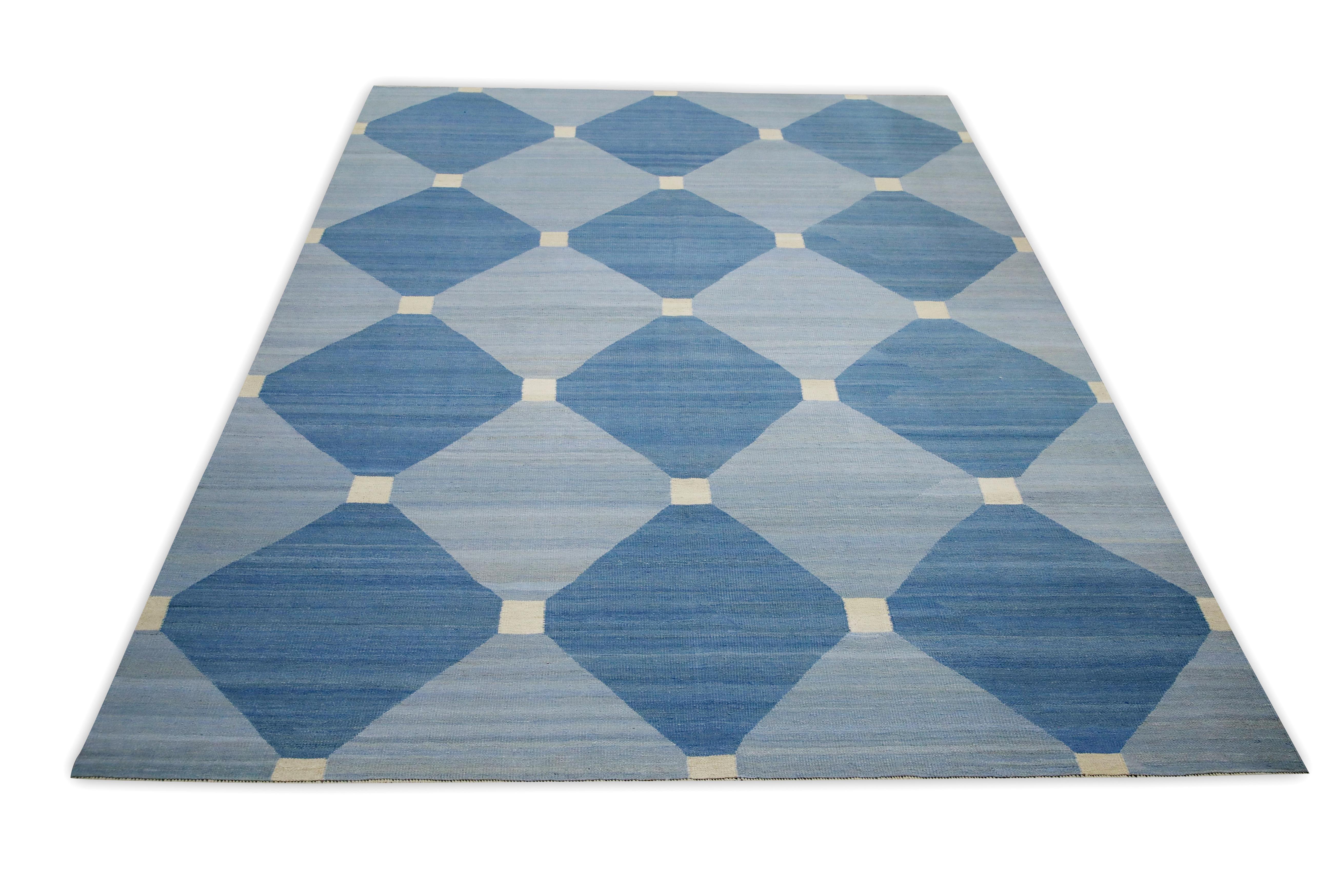 Blue Geometric Design Modern Flatweave Handmade Wool Rug 8'6