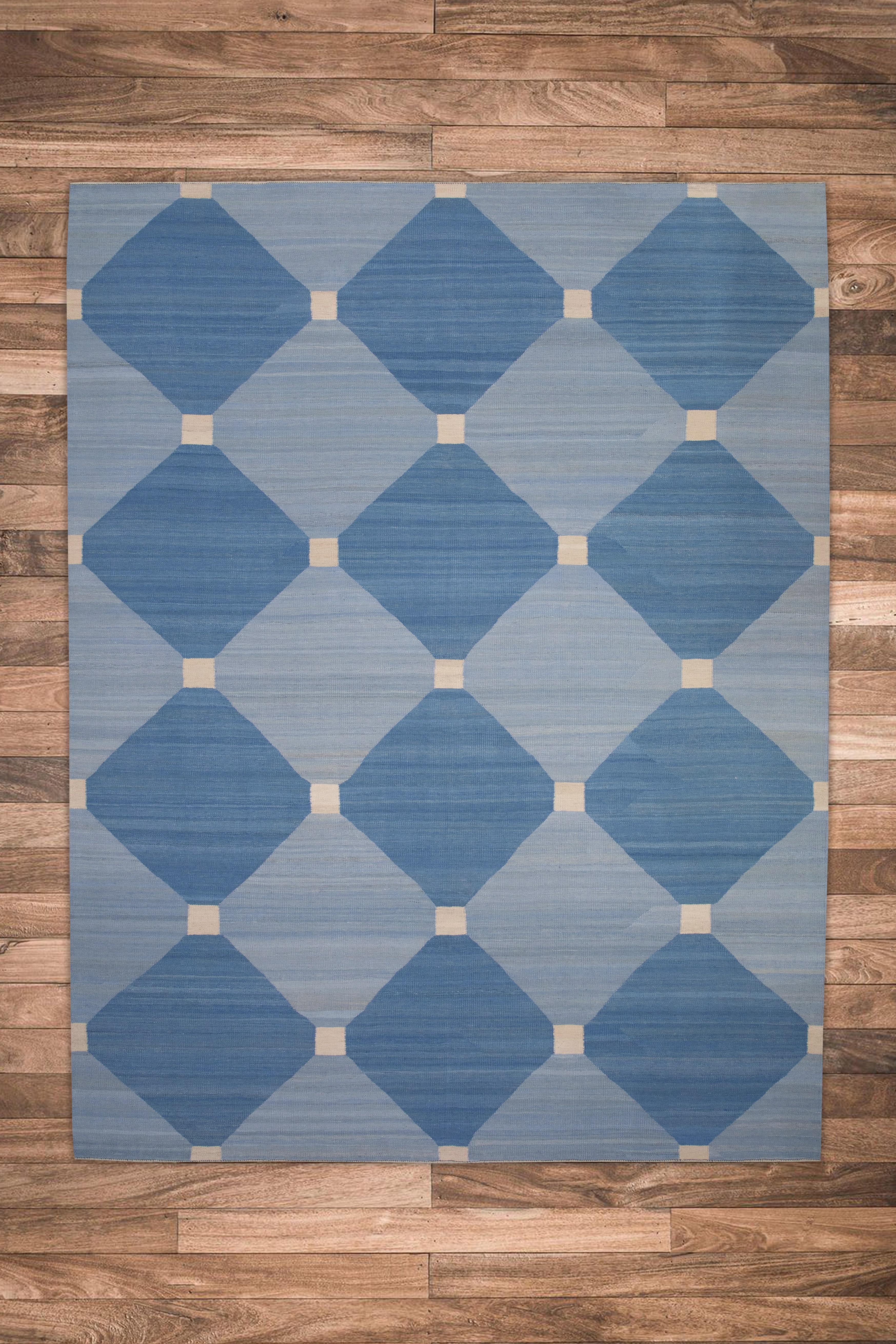 Contemporary Blue Geometric Design Modern Flatweave Handmade Wool Rug 8'6