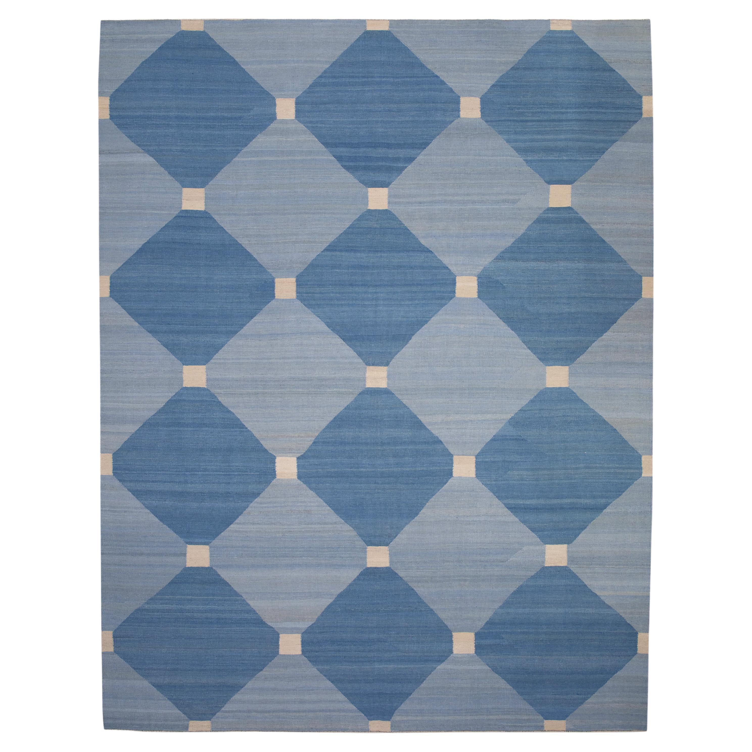Blue Geometric Design Modern Flatweave Handmade Wool Rug 8'6" x 11'1" For Sale