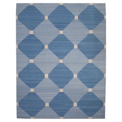 Tapis moderne en laine bleu à motifs géométriques et à tissage plat fait à la main 8'6" x 11'1".