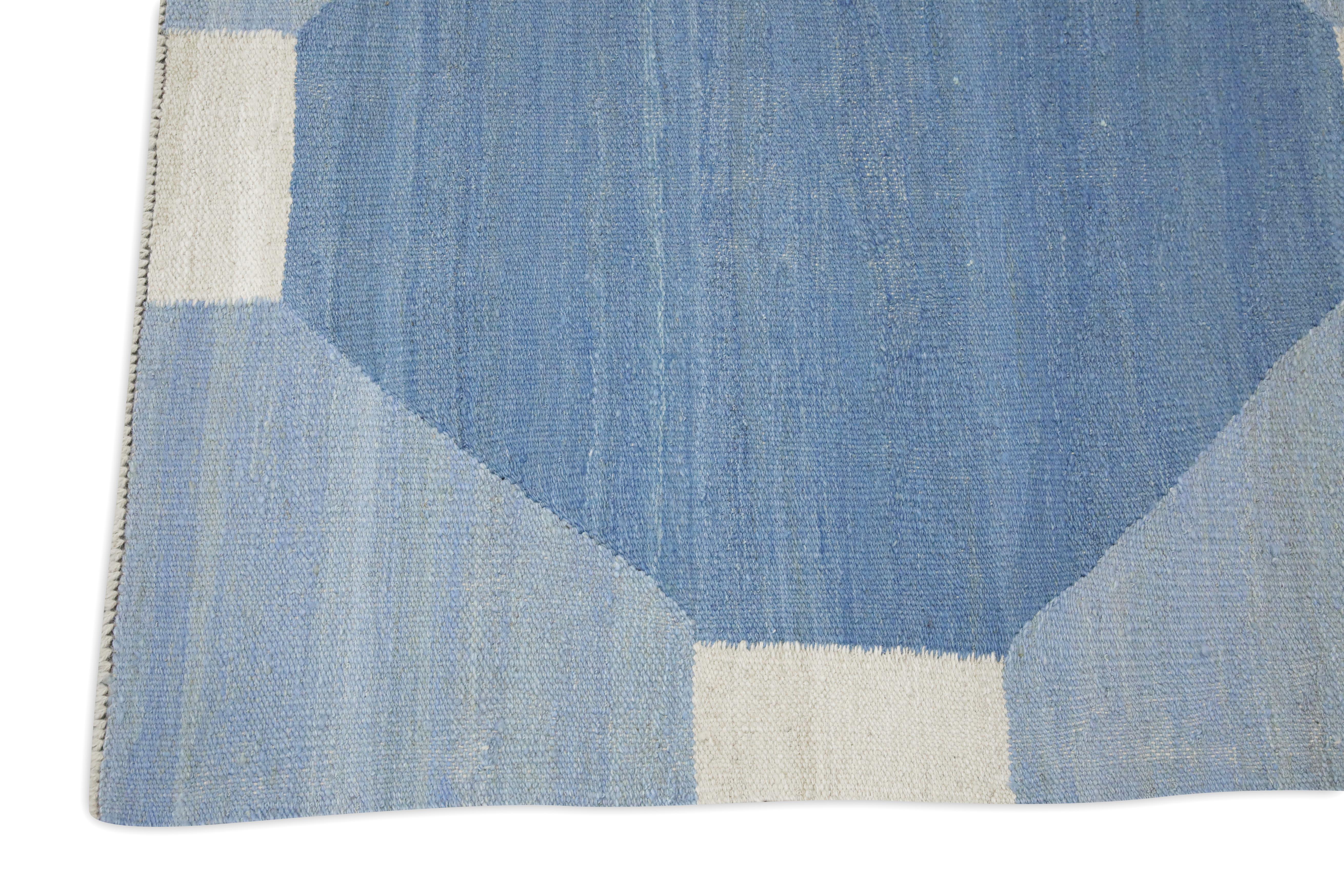 Kilim Blue Geometric Design Modern Flatweave Handmade Wool Rug 9' X 12'7