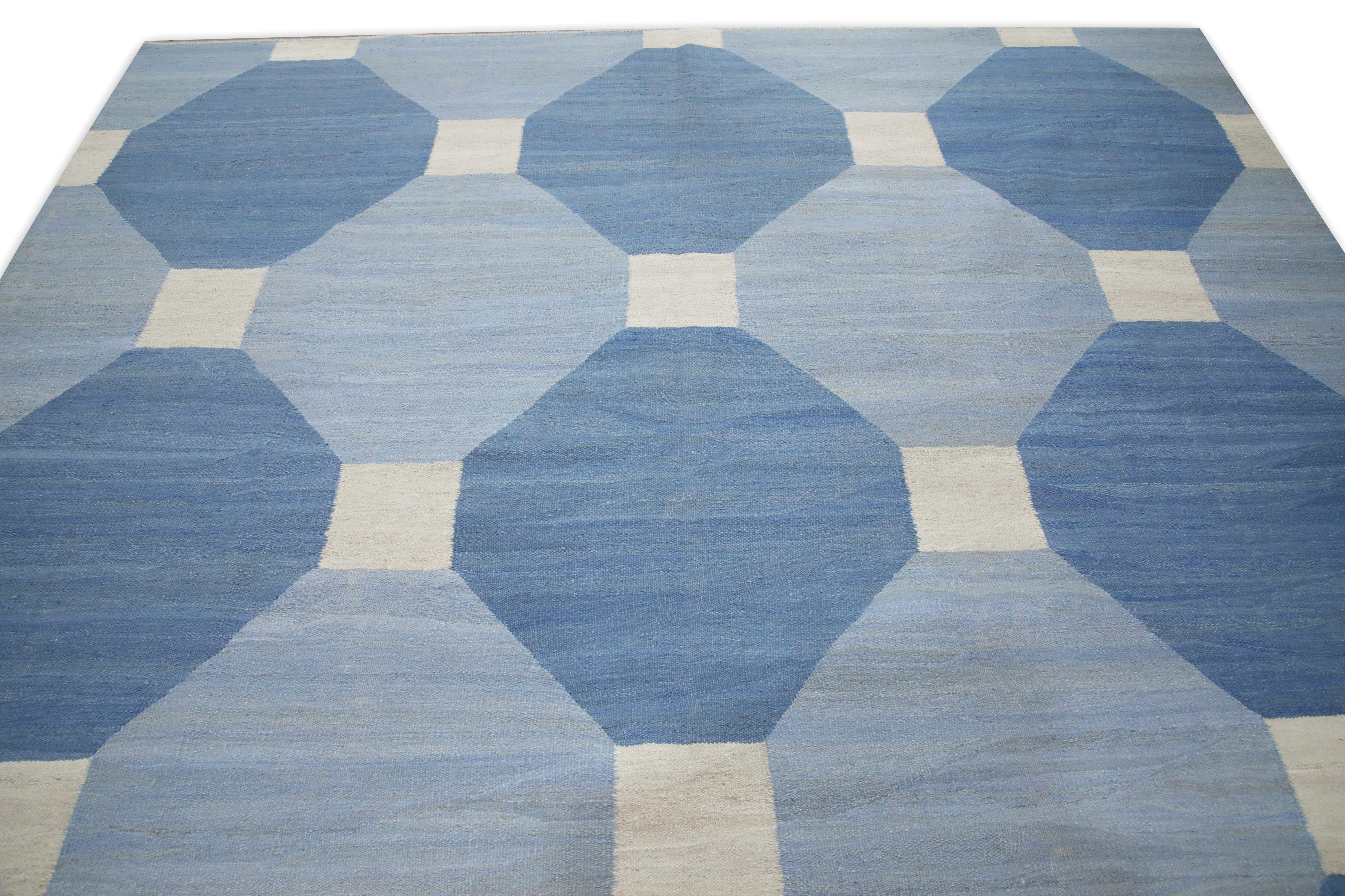 Turkish Blue Geometric Design Modern Flatweave Handmade Wool Rug 9' X 12'7