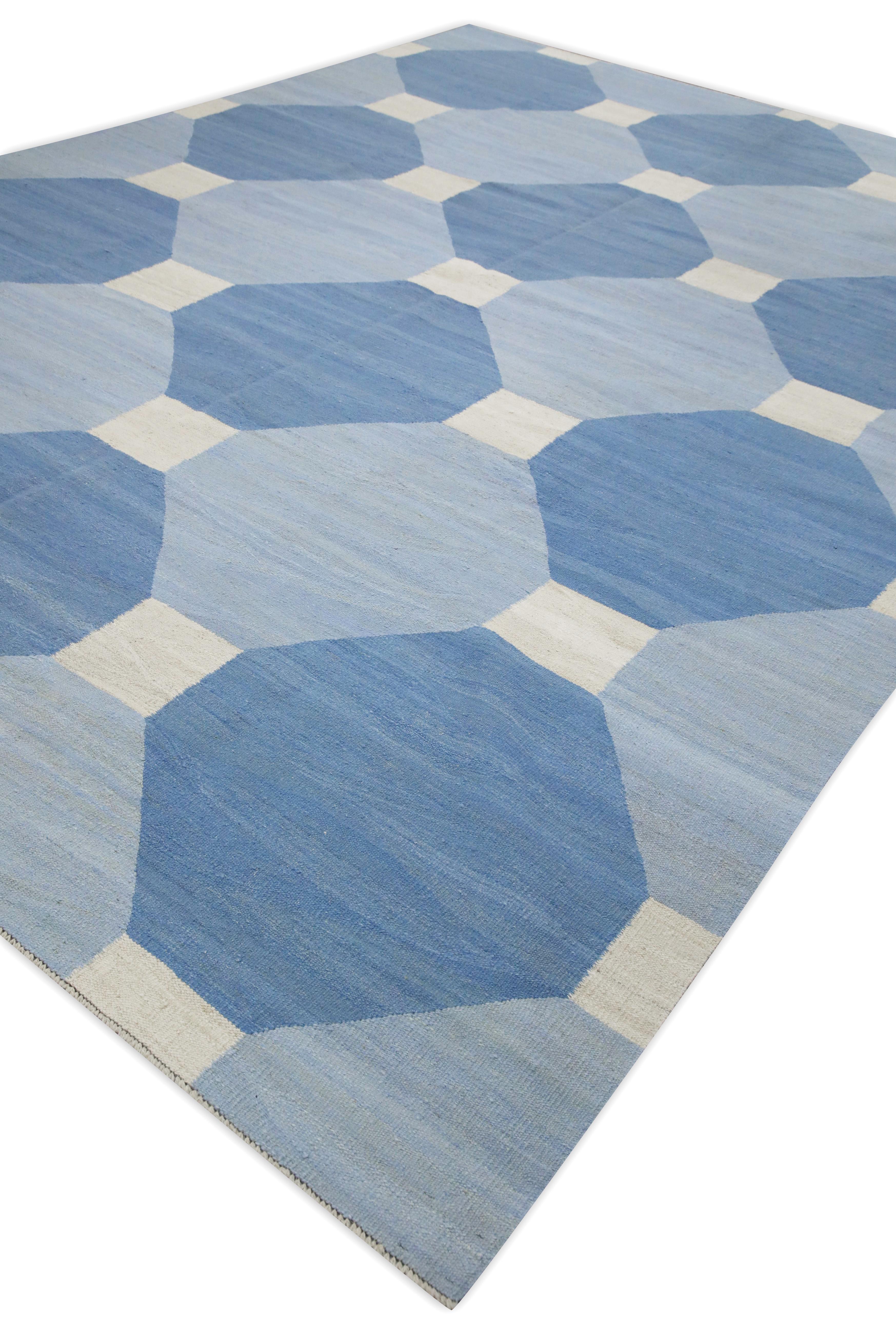 Vegetable Dyed Blue Geometric Design Modern Flatweave Handmade Wool Rug 9' X 12'7