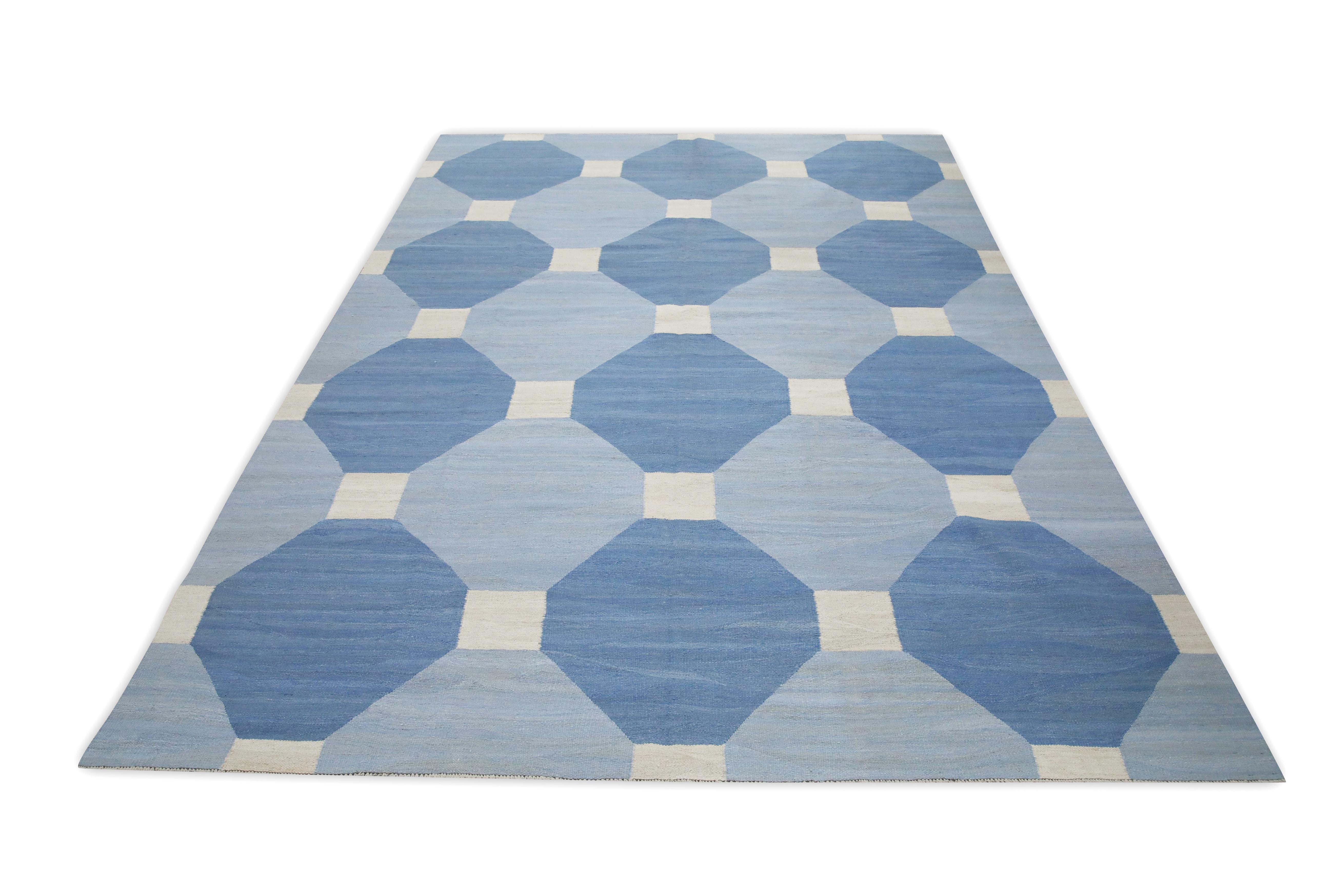 Blue Geometric Design Modern Flatweave Handmade Wool Rug 9' X 12'7