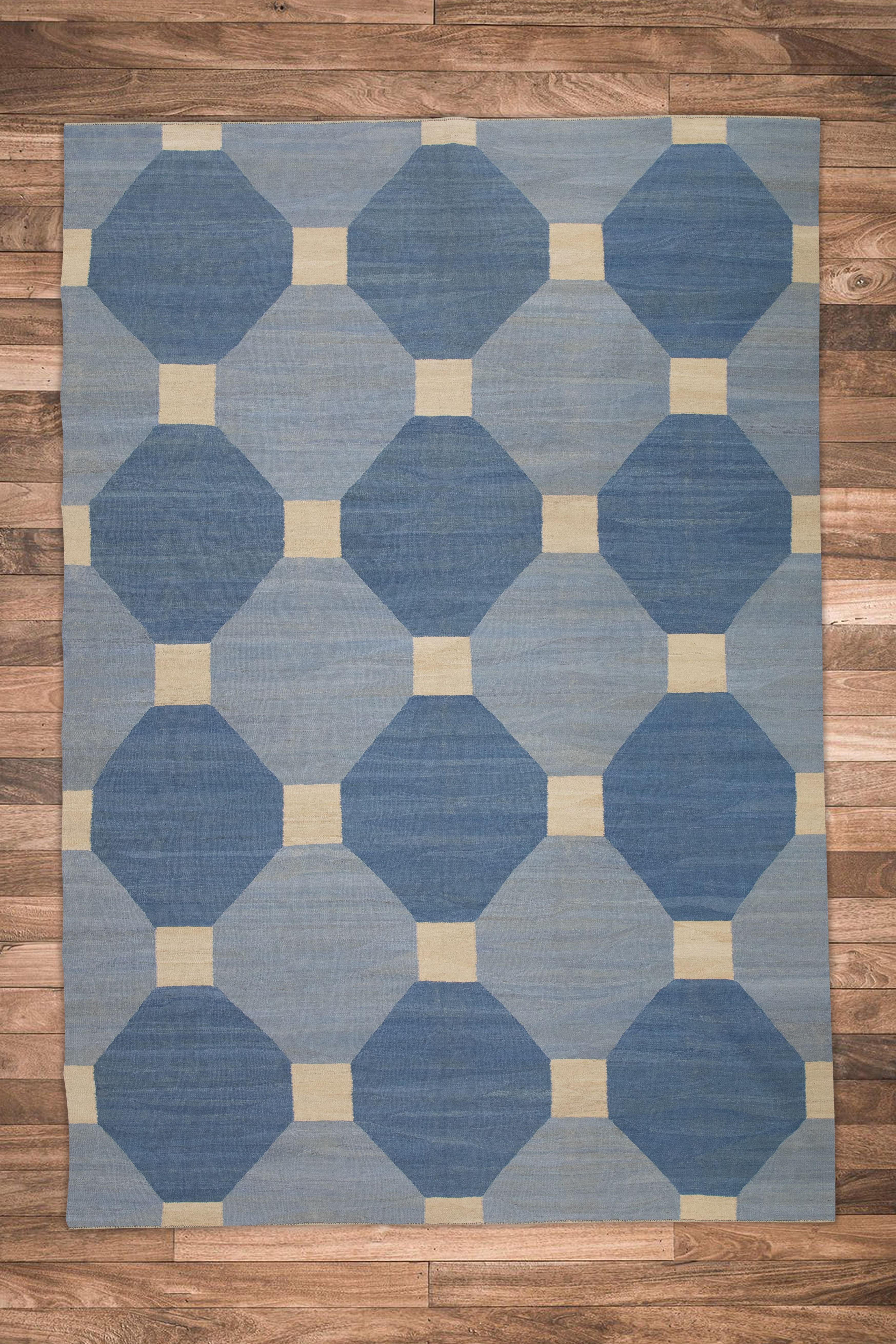 Contemporary Blue Geometric Design Modern Flatweave Handmade Wool Rug 9' X 12'7