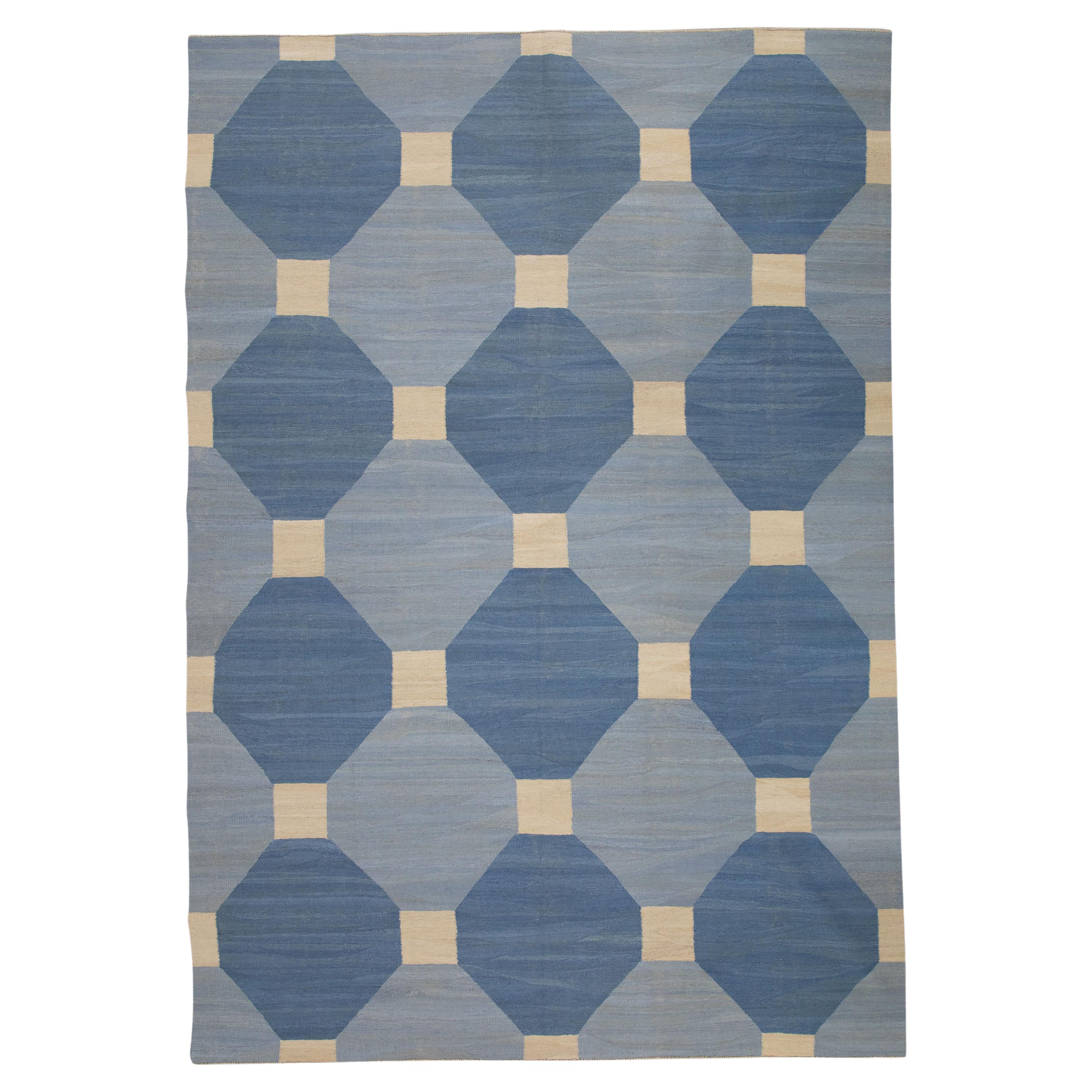Blue Geometric Design Modern Flatweave Handmade Wool Rug 9' X 12'7" For Sale