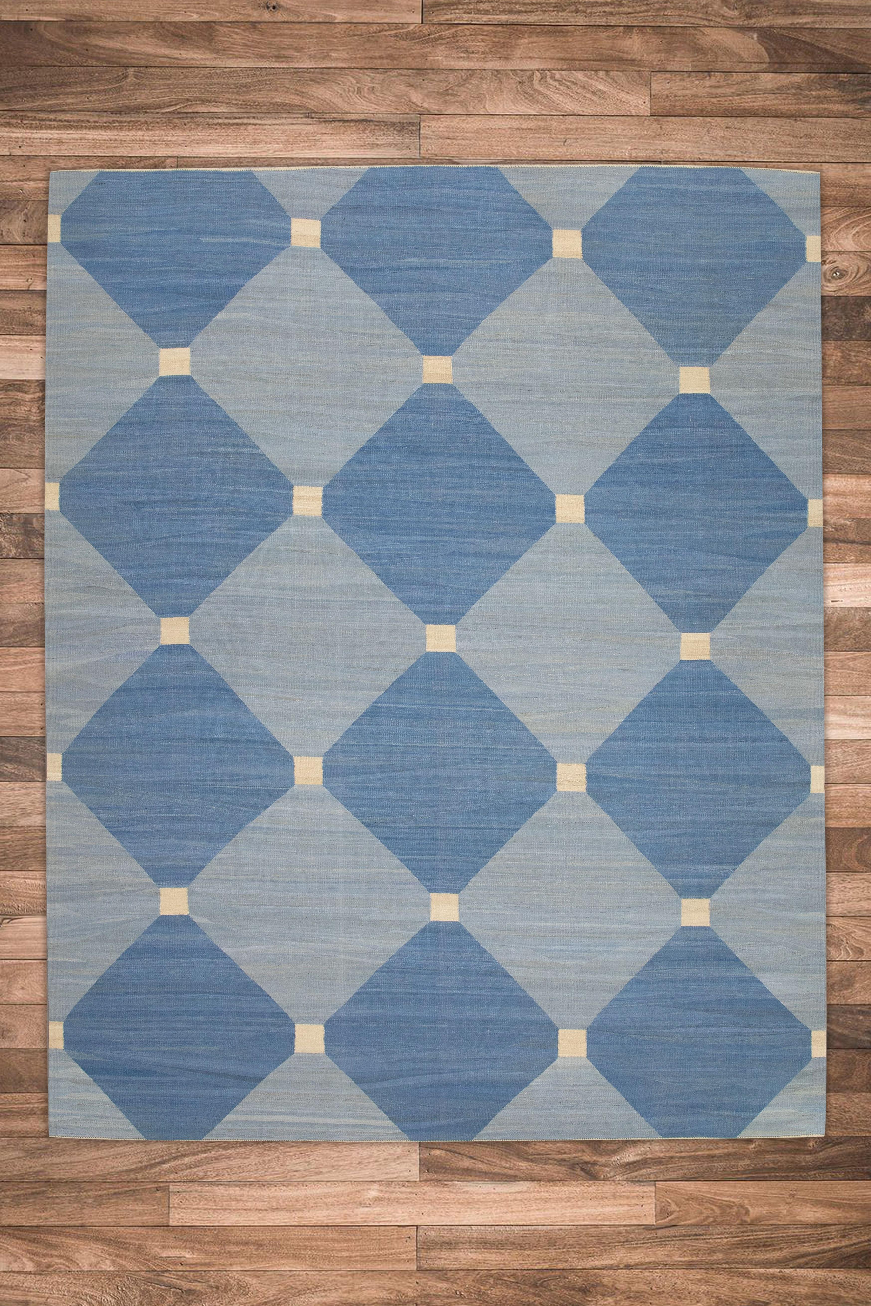Blauer handgefertigter Flachgewebe-Wollteppich in geometrischem Design 9'1
