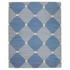 Tappeto di lana fatto a mano blu con design geometrico e moderno a trama piatta 9'1" x 11'4"