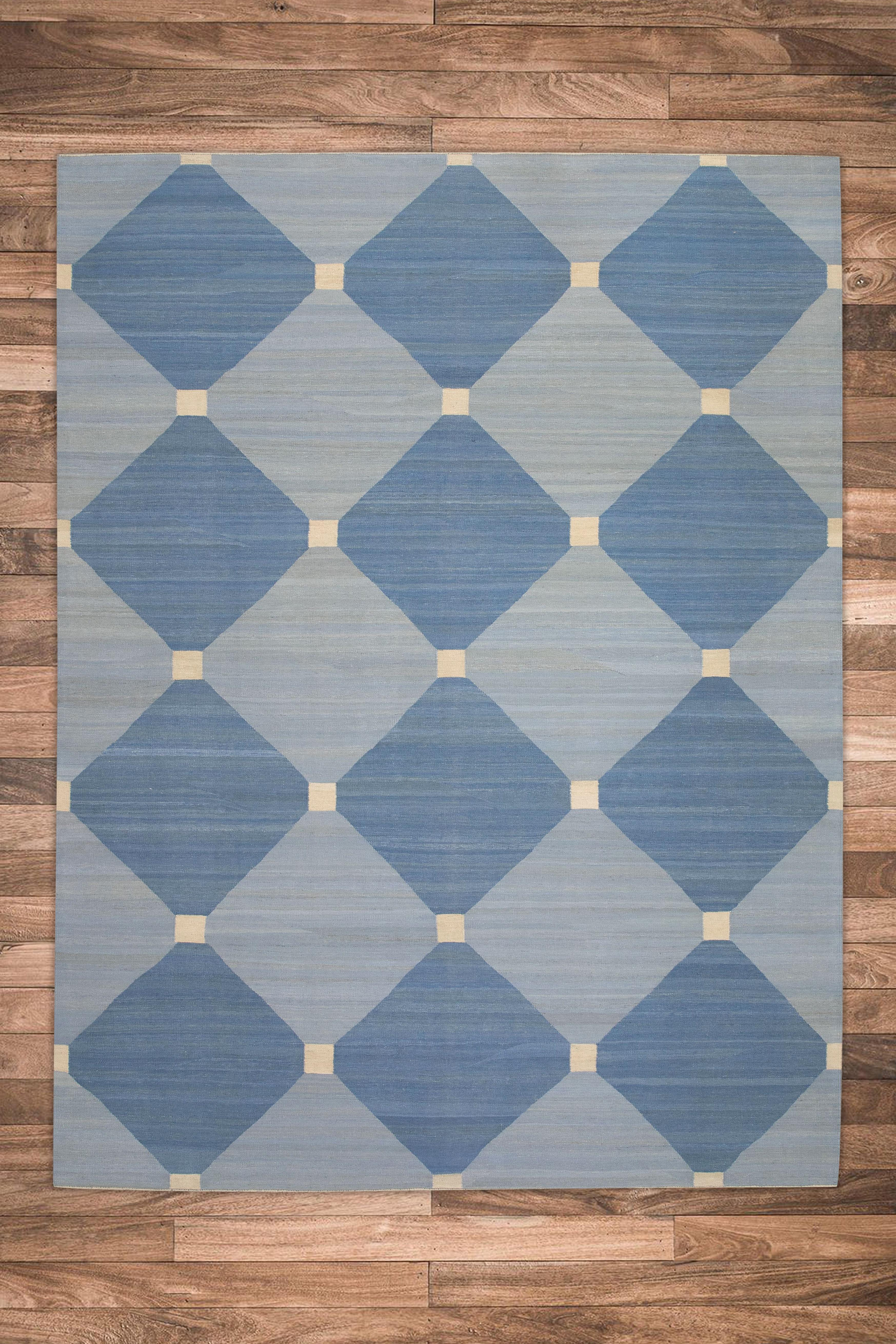 Blauer handgefertigter Flachgewebe-Wollteppich in geometrischem Design 9'6