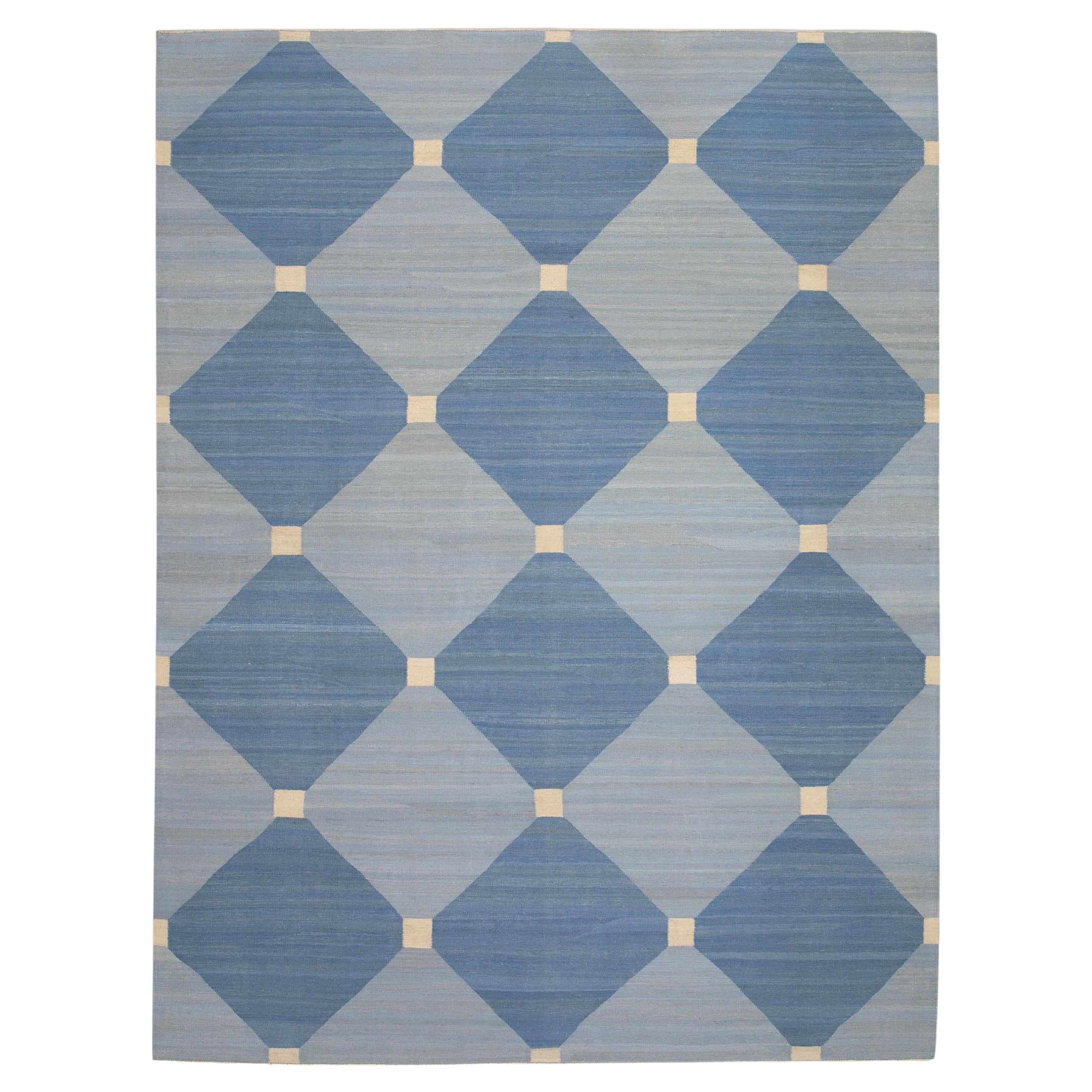 Blauer handgefertigter Flachgewebe-Wollteppich in geometrischem Design 9'6" x 12'4"