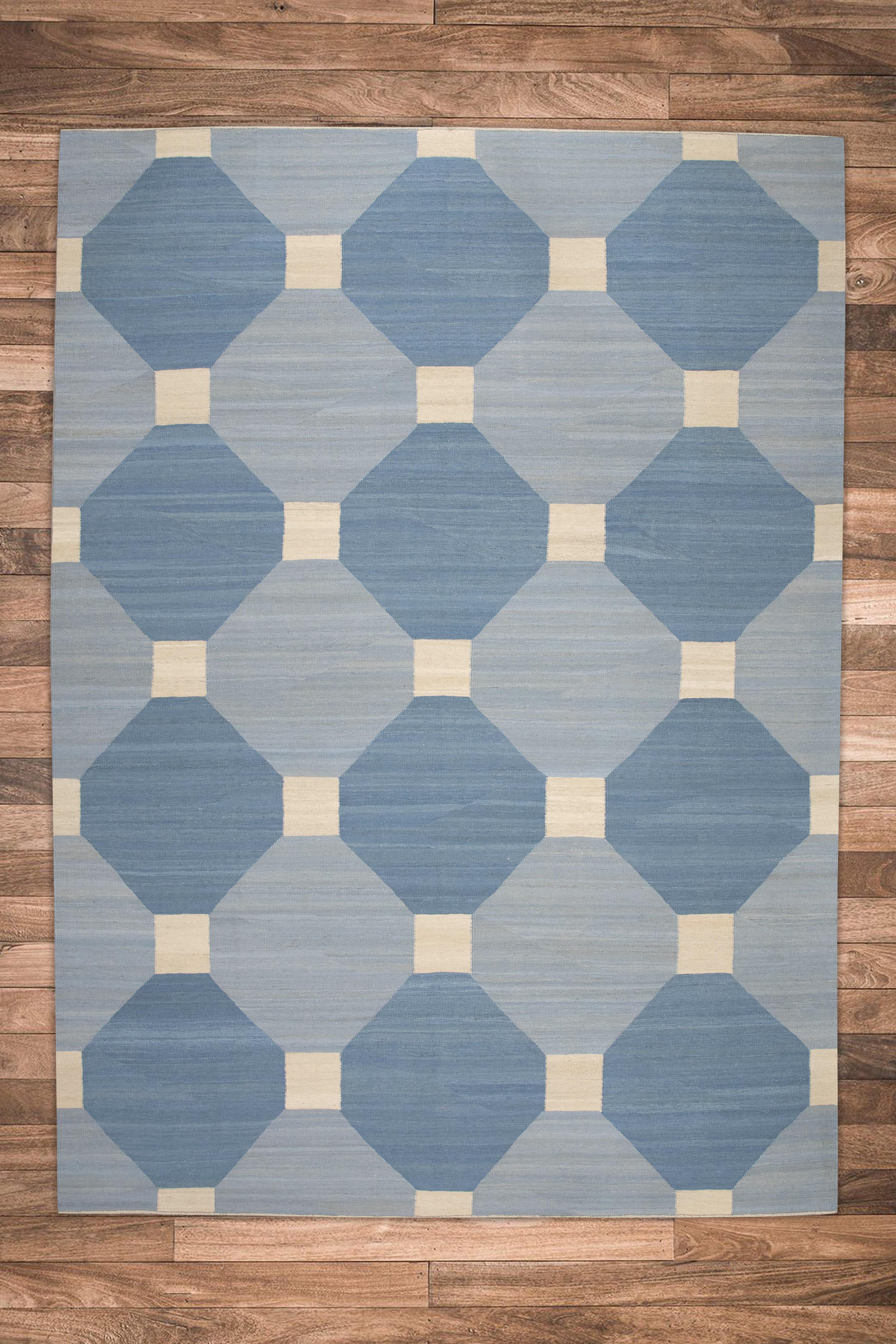 Vegetable Dyed Blue Geometric Design Modern Flatweave Handmade Wool Rug 9'8