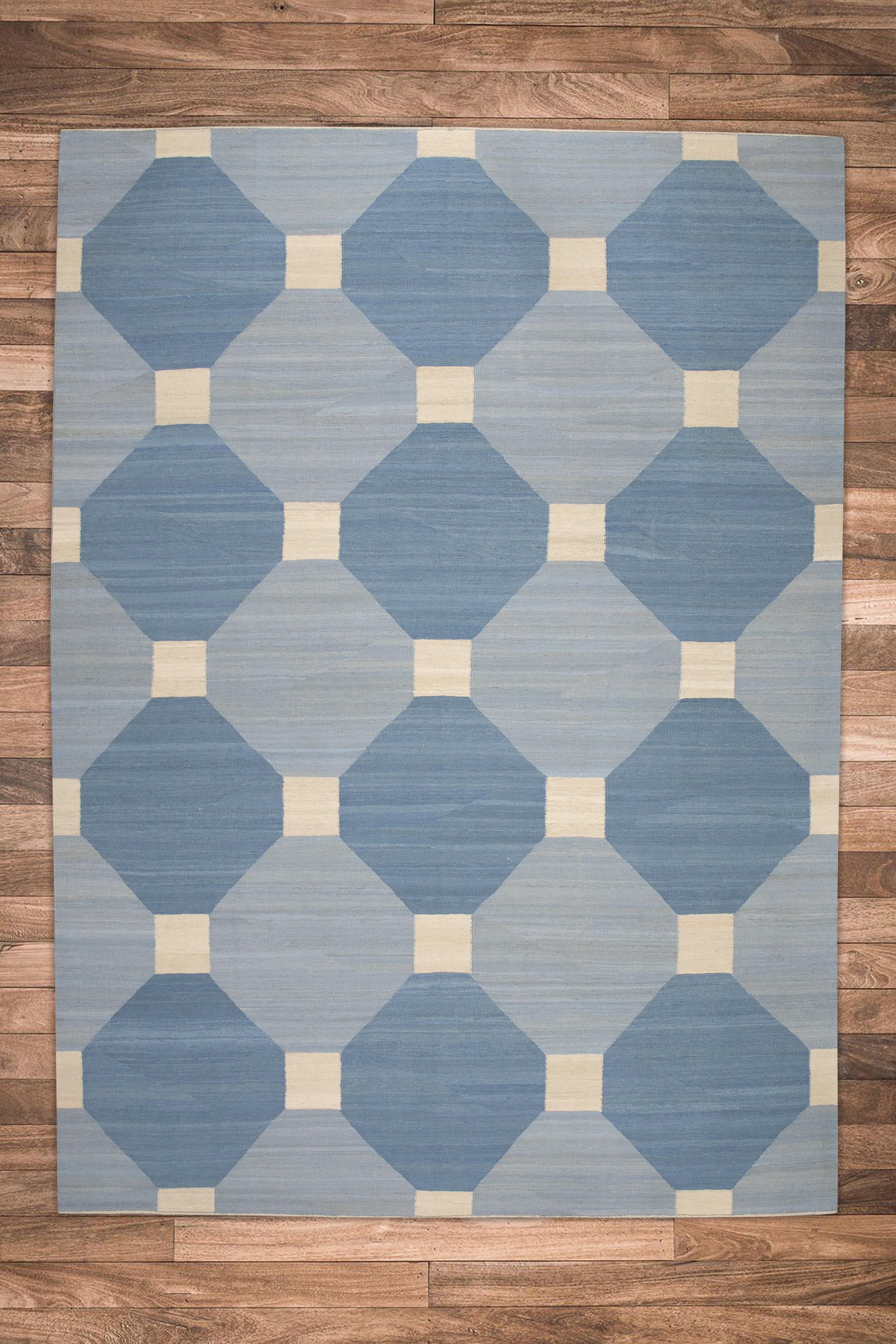 Blauer handgefertigter Flachgewebe-Wollteppich in geometrischem Design 9'8