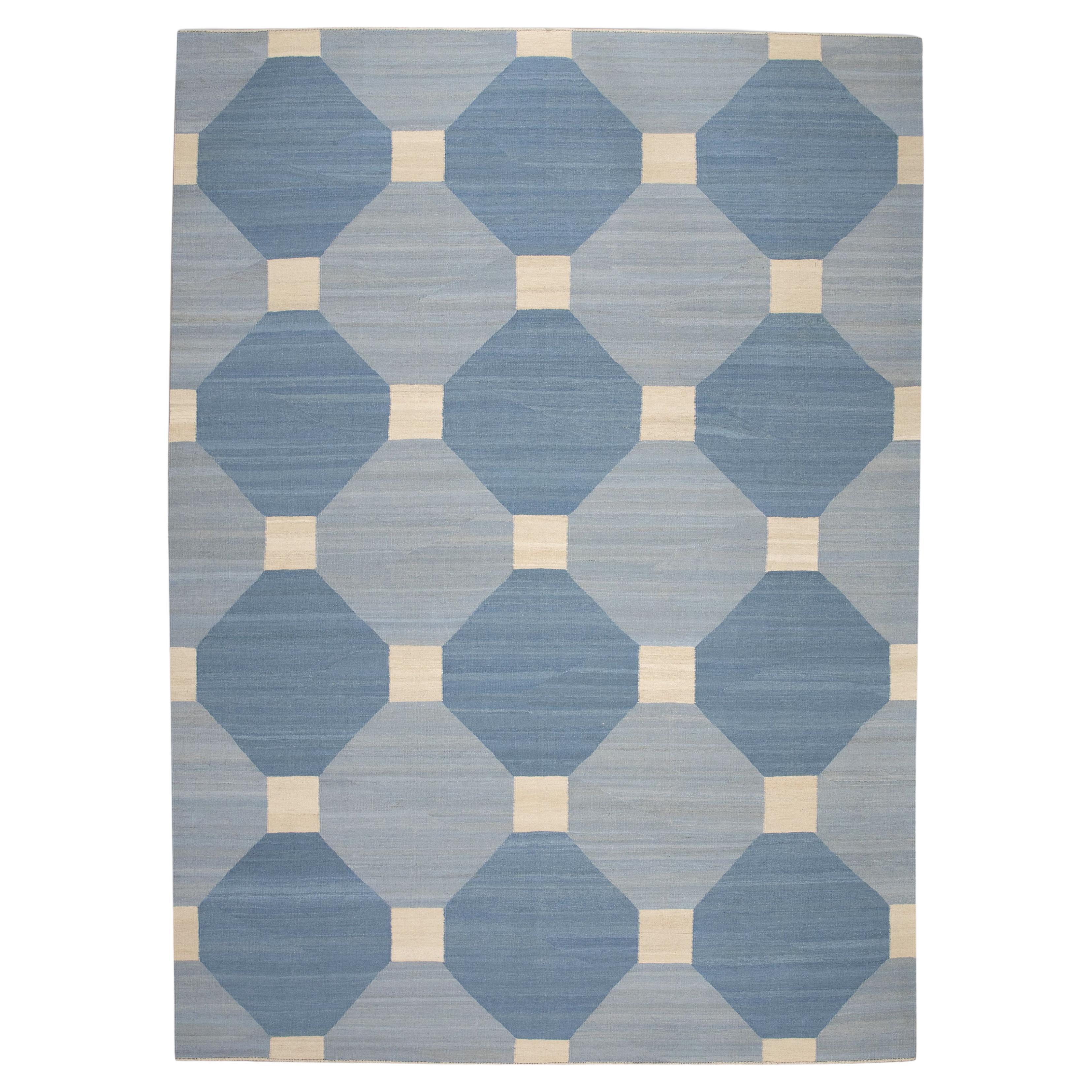 Blue Geometric Design Modern Flatweave Handmade Wool Rug 9'8" x 12'4"