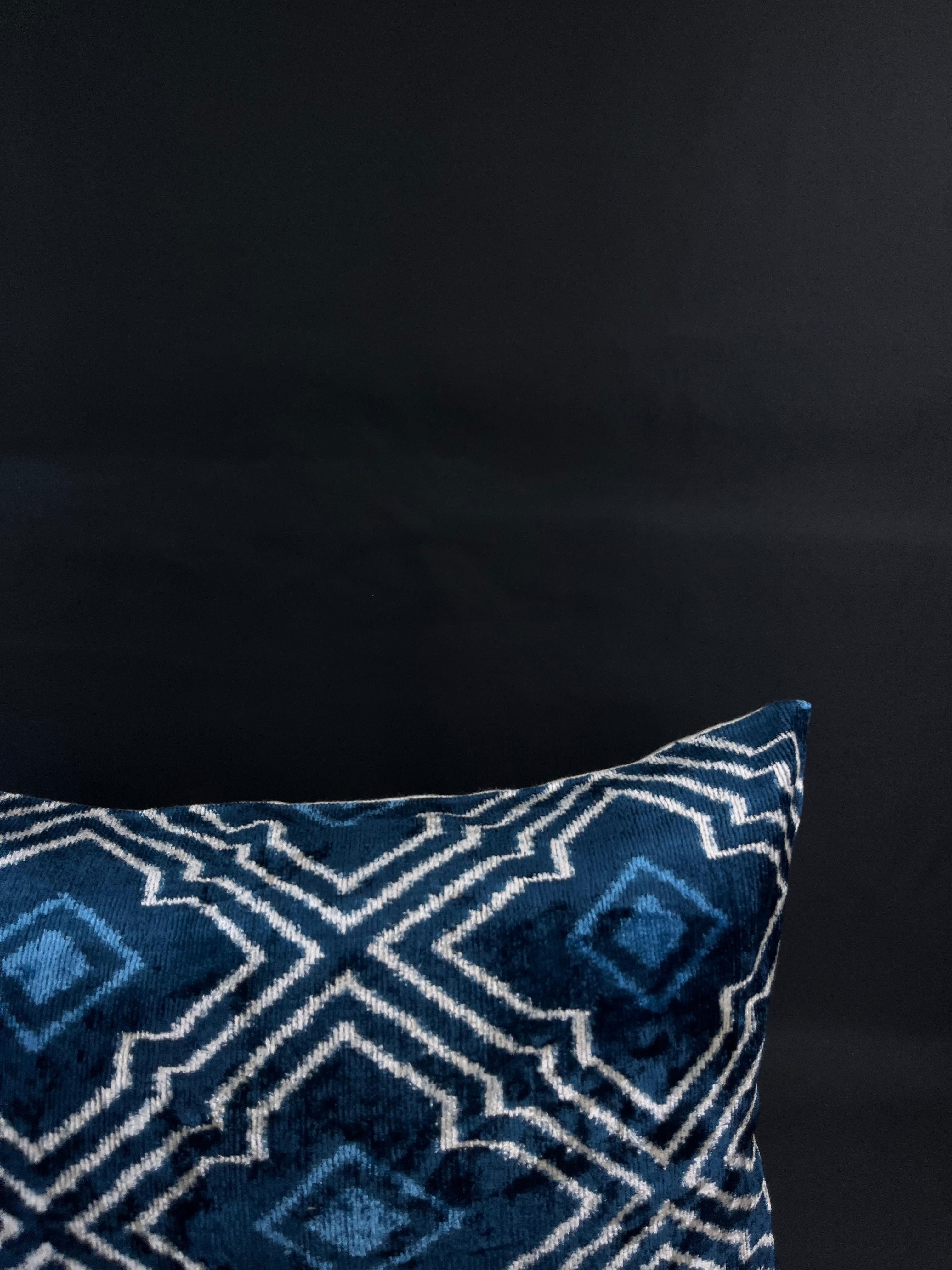 Modern Blue Geometric Design Velvet Silk Ikat Pillow Cover