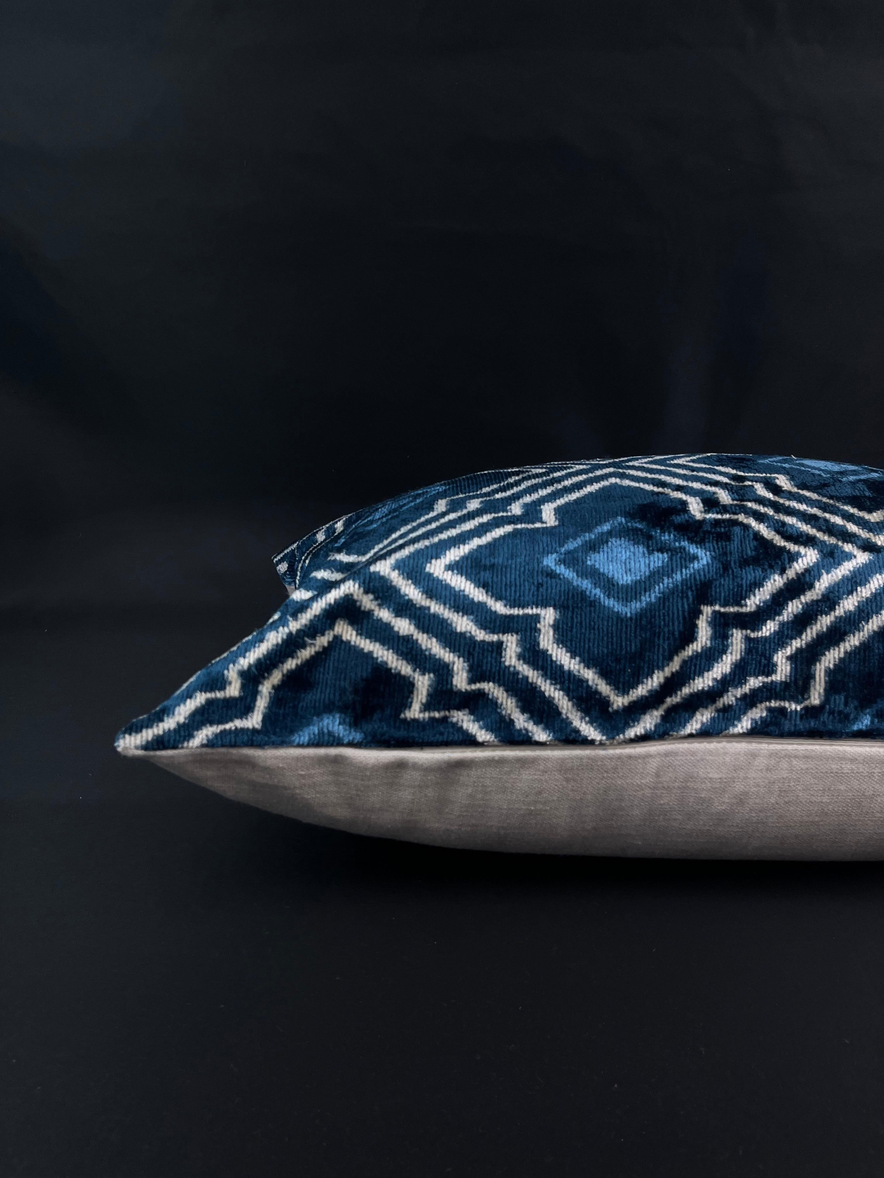 Turkish Blue Geometric Design Velvet Silk Ikat Pillow Cover