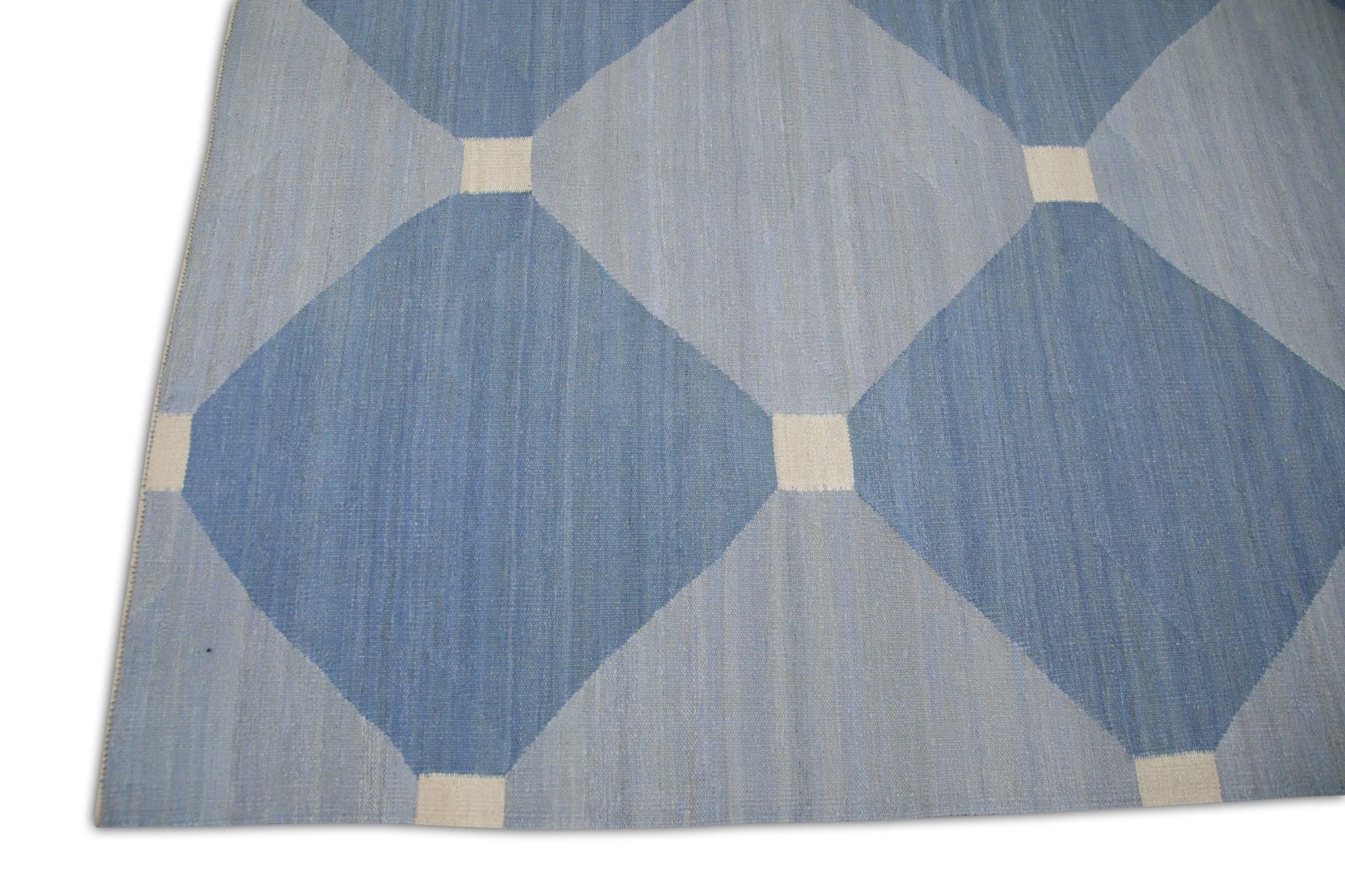 Blauer handgefertigter blauer geometrischer Flachgewebe-Wollteppich 8'4