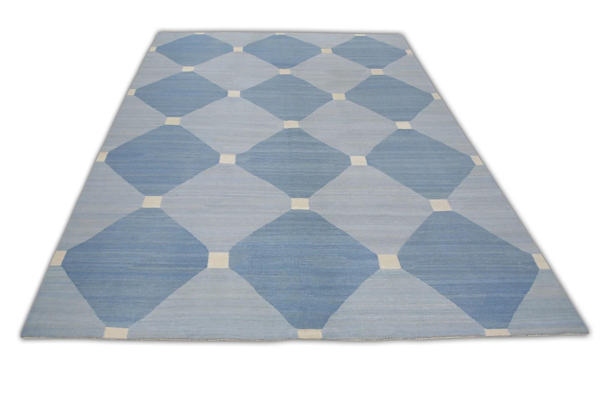 Blauer handgefertigter blauer geometrischer Flachgewebe-Wollteppich 8'4