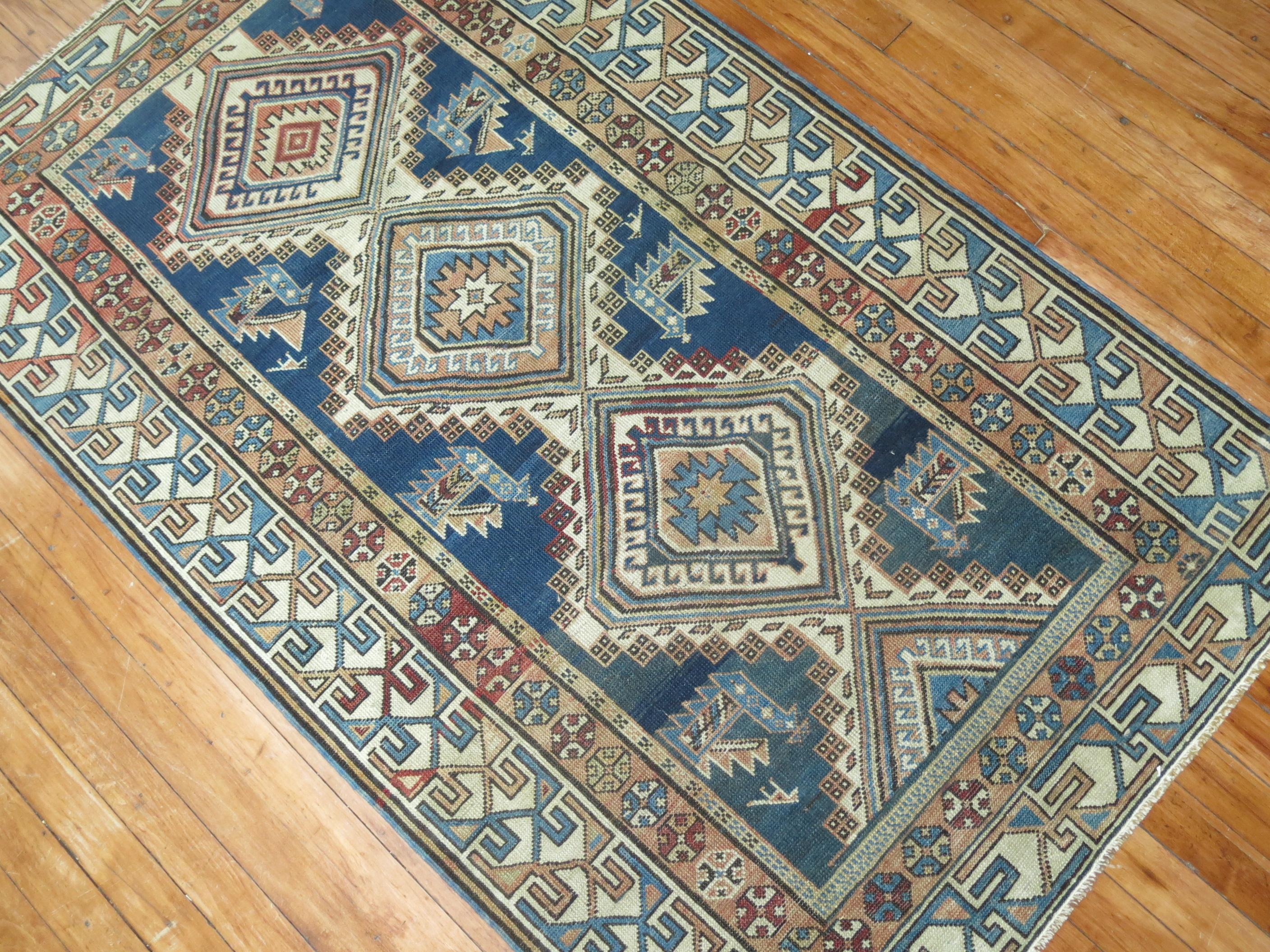 Caucasian Blue Geometric Kazak Rug For Sale