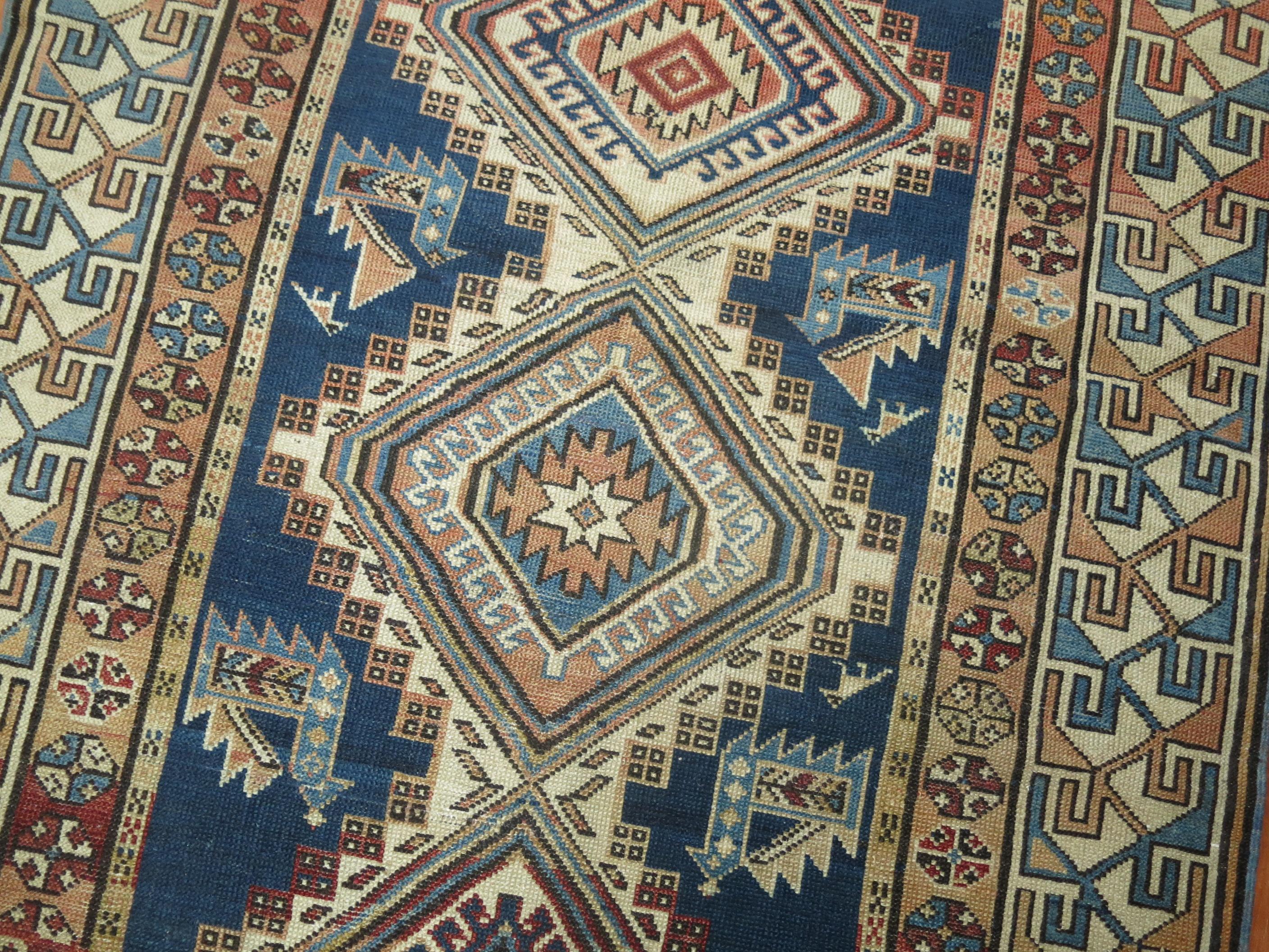 Hand-Woven Blue Geometric Kazak Rug For Sale