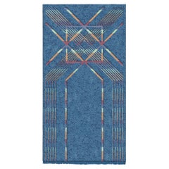 Blue Geometric Pattern High Pile Hand Knotted Wool Rug, Bali Wave, in Stock