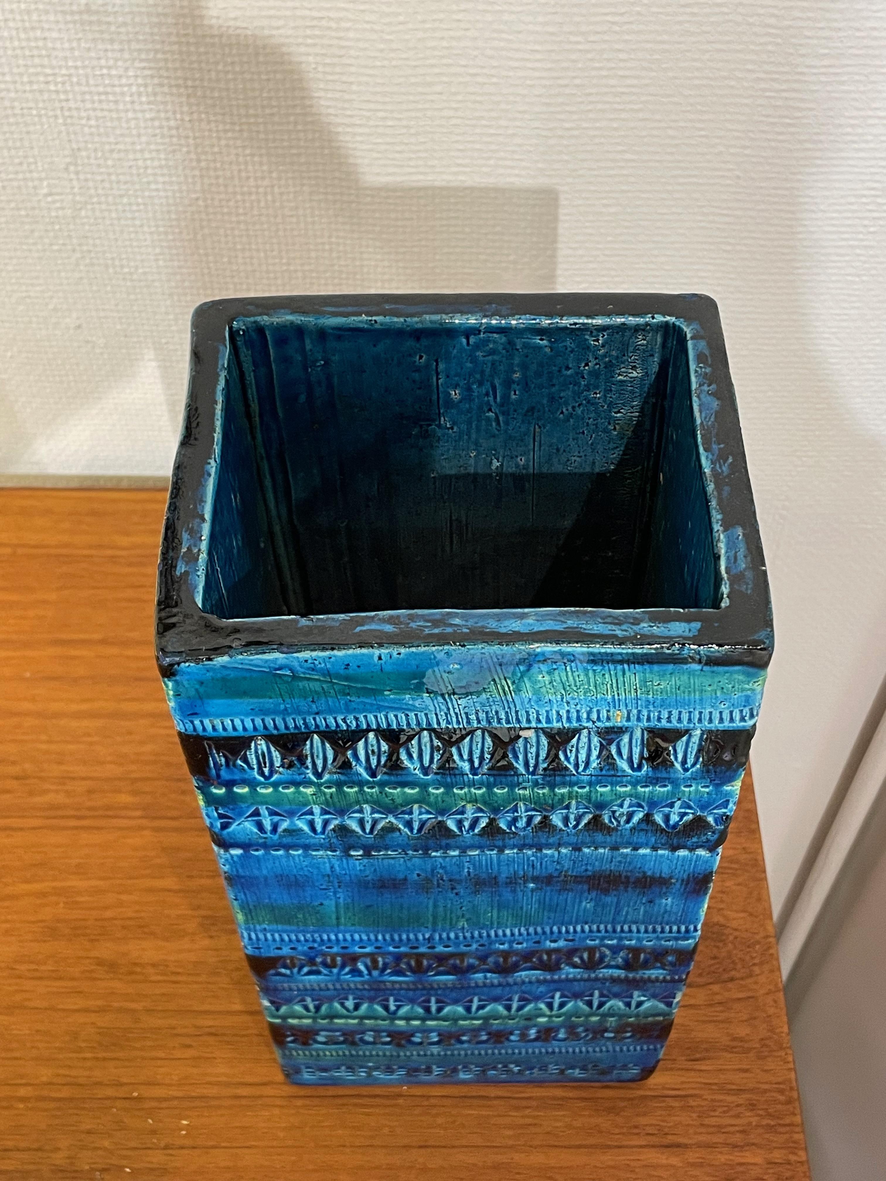 20th Century Blue Geometric Pattern Tall Rectangular Vase, France, Mid Century For Sale