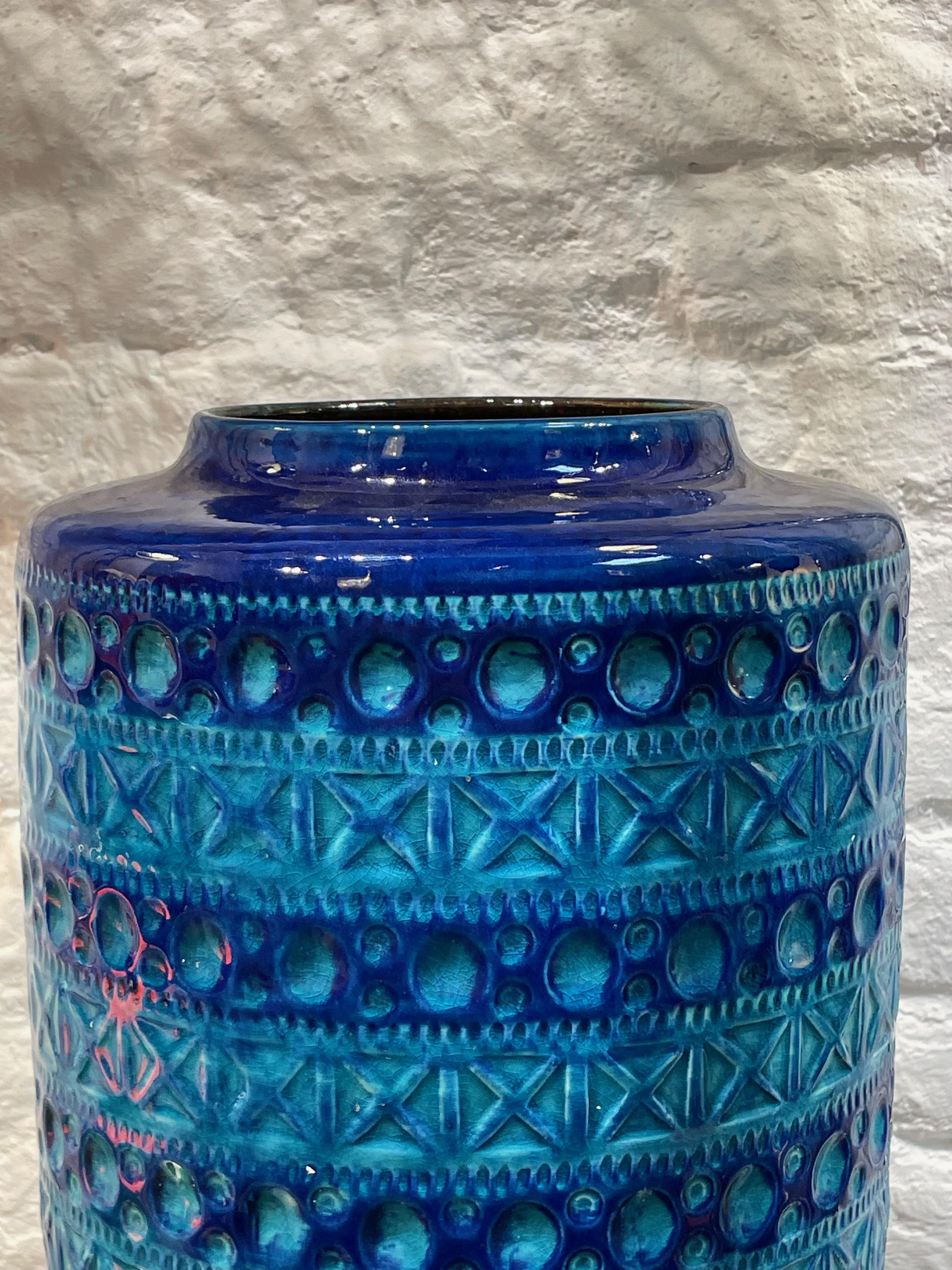 Mid Century French tall shades of blue glazed vase with
overall geometric decorative  