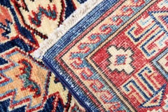 Blue Geometric Rug Oriental Carpet, Traditional Kazak Rustic Rug for Living Room