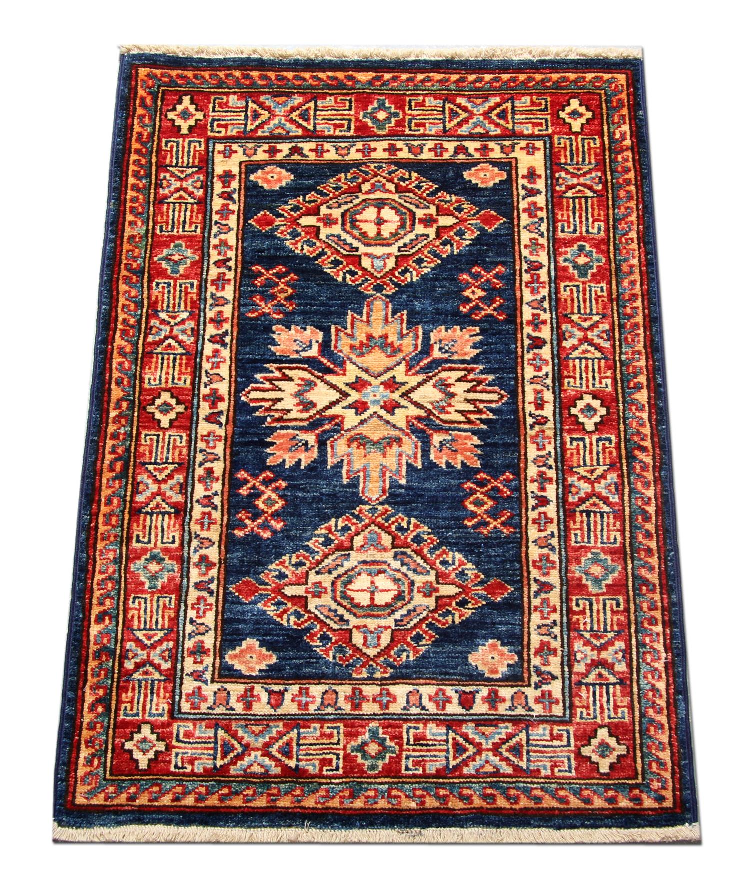 Afghan Blue Geometric Rug Oriental Carpet, Traditional Kazak Rustic Rug for Living Room For Sale