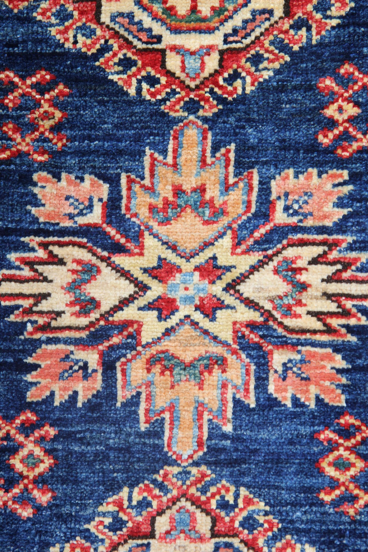 Hand-Knotted Blue Geometric Rug Oriental Carpet, Traditional Kazak Rustic Rug for Living Room For Sale