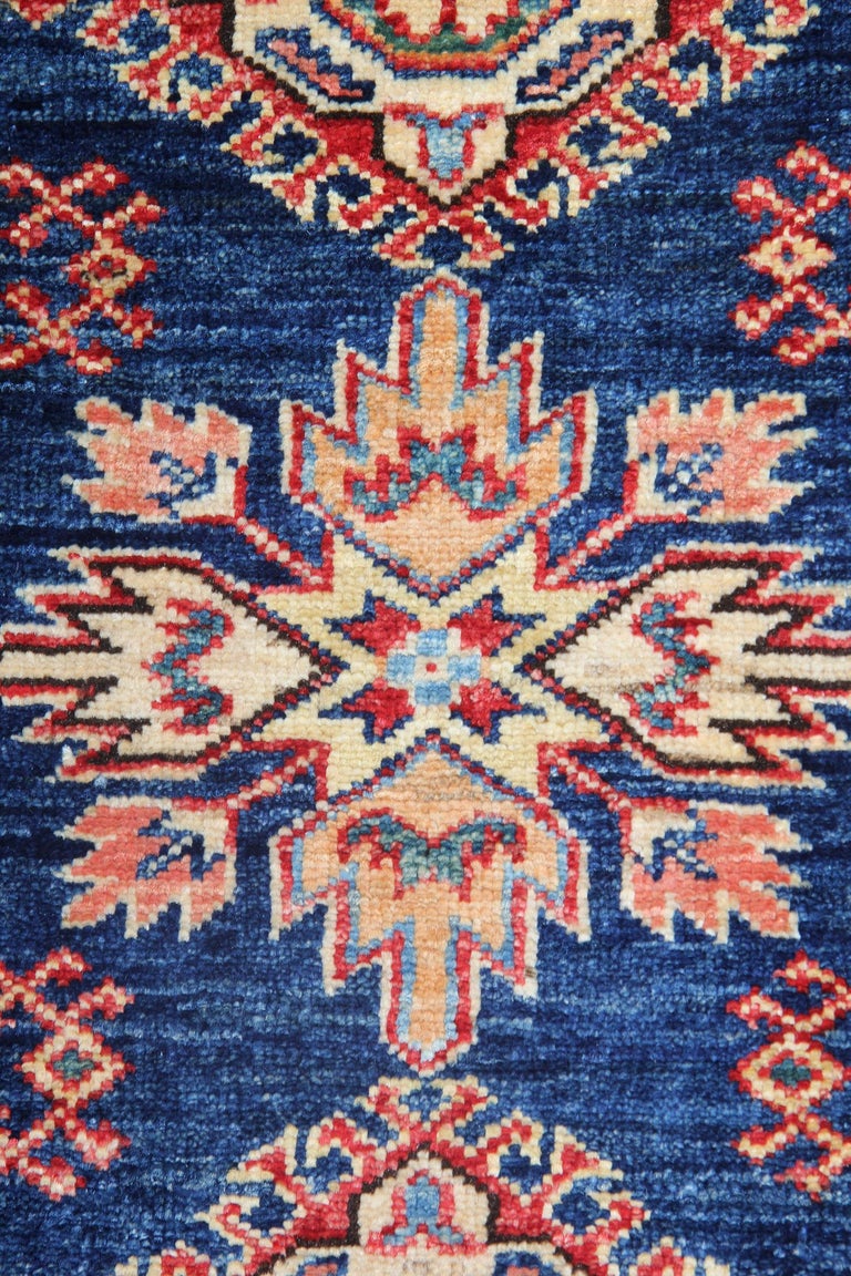 Blue Geometric Rug Oriental Carpet, Traditional Kazak Rustic Rug for Living Room For Sale at 1stDibs