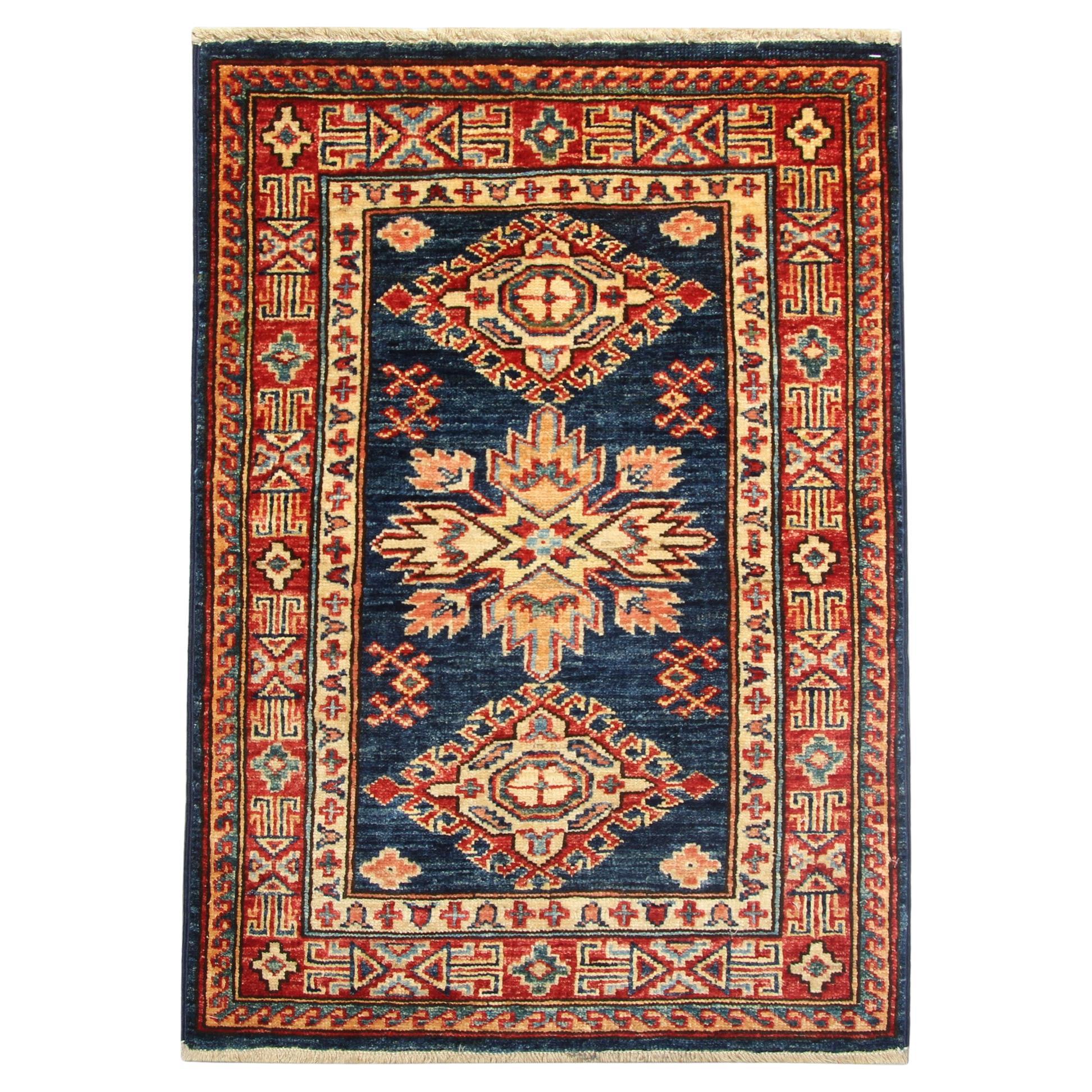 Blue Geometric Rug Oriental Carpet, Traditional Kazak Rustic Rug for Living Room