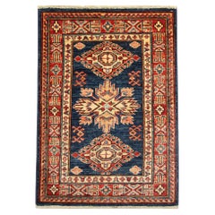 Vintage Blue Geometric Rug Oriental Carpet, Traditional Kazak Rustic Rug for Living Room
