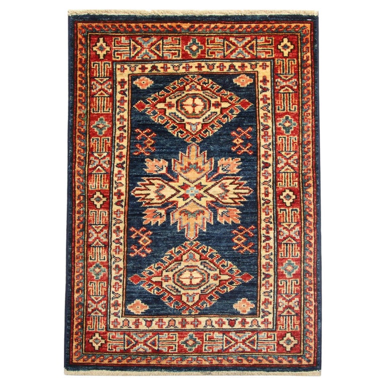 Blue Geometric Rug Oriental Carpet, Traditional Kazak Rustic Rug for