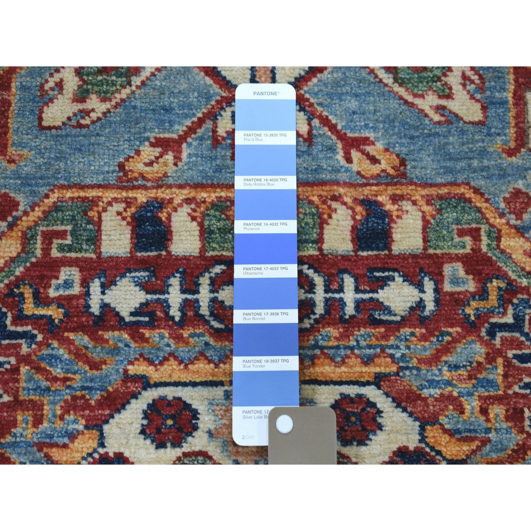 Hand-Knotted Blue Geometric Super Kazak Handmade Runner Oriental Rug