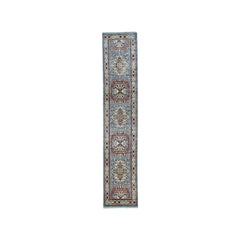 Blue Geometric Super Kazak Handmade Runner Oriental Rug