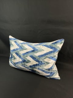 Blue Geometric Velvet Silk Ikat Pillow Cover