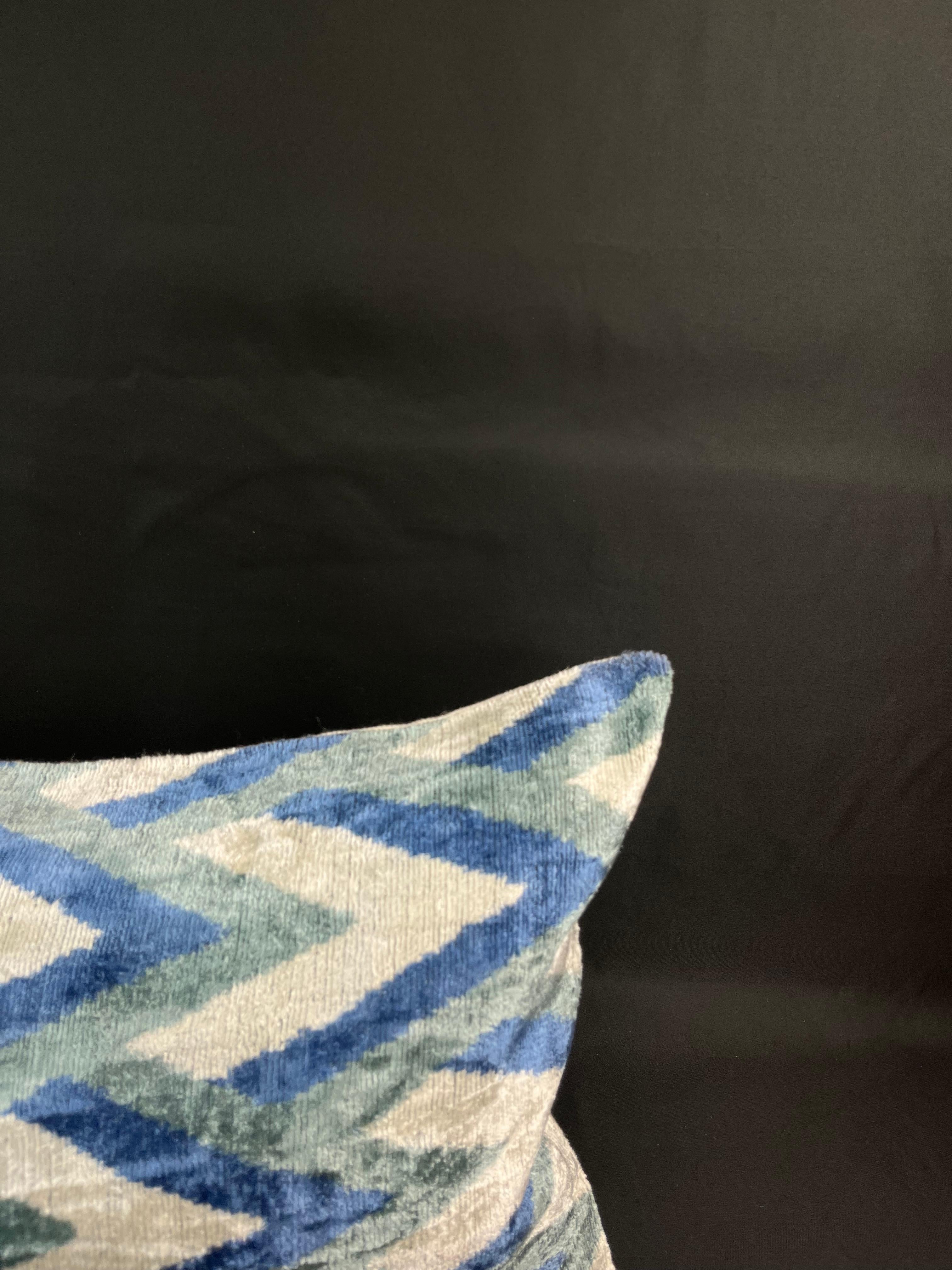 Modern Blue Geometric Velvet Silk Ikat Pillow Cover For Sale
