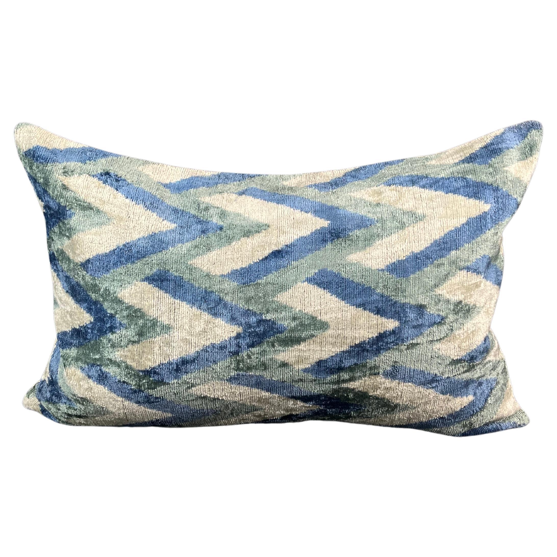 Blue Geometric Velvet Silk Ikat Pillow Cover For Sale