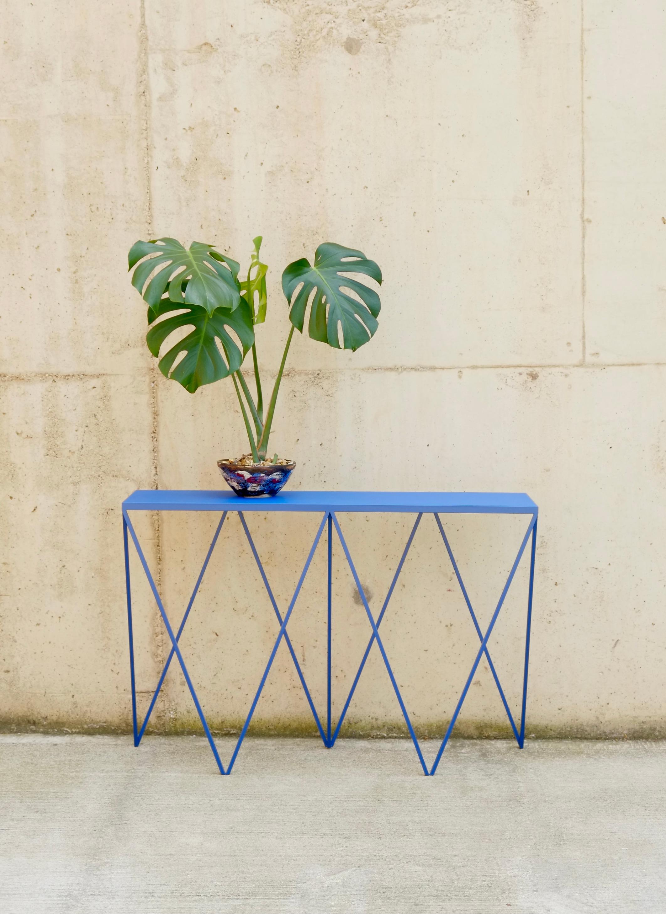 British Blue Giraffe Console Table with Linseed Linoleum Table Top For Sale