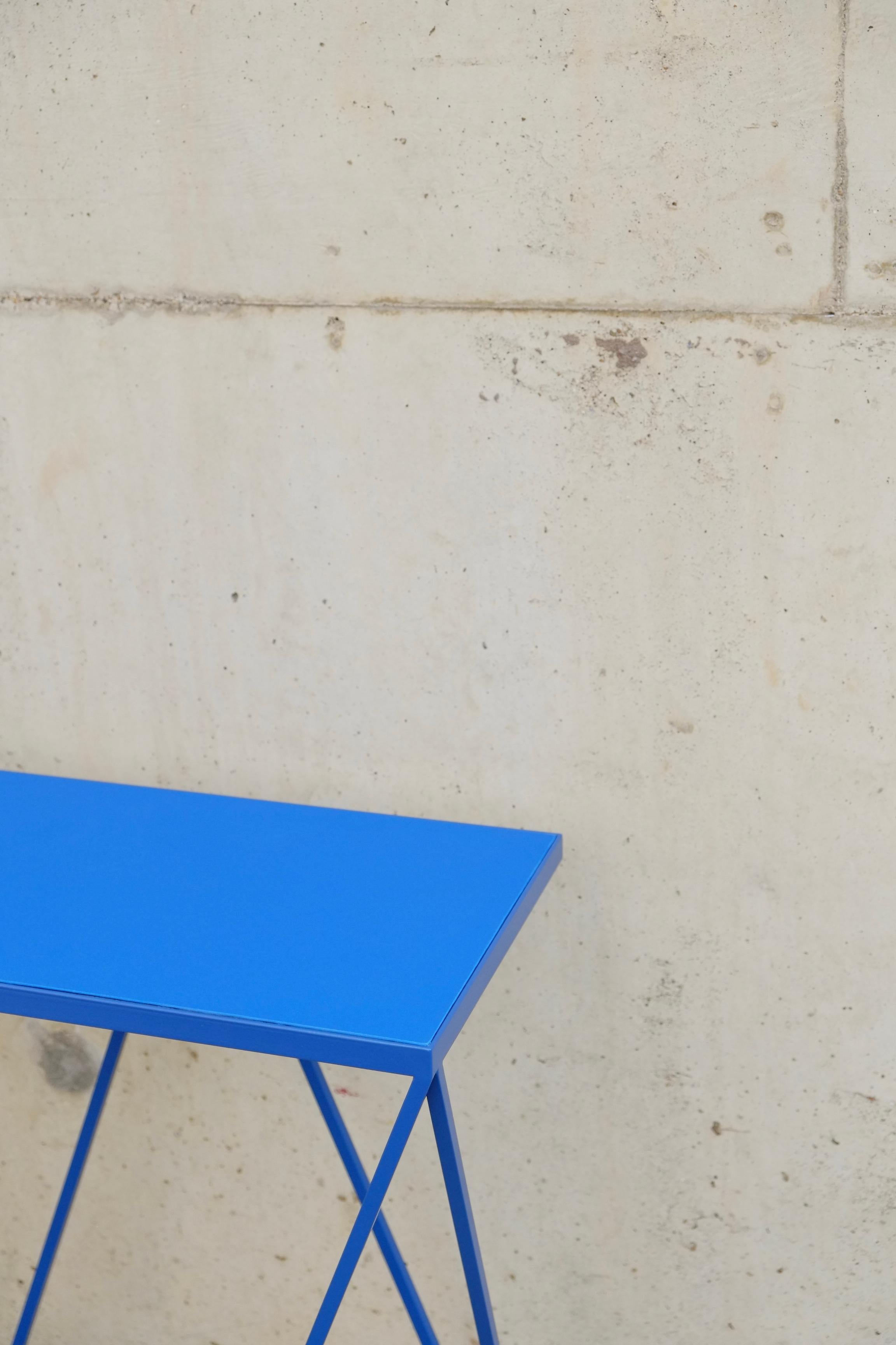 Welded Blue Giraffe Console Table with Linseed Linoleum Table Top For Sale