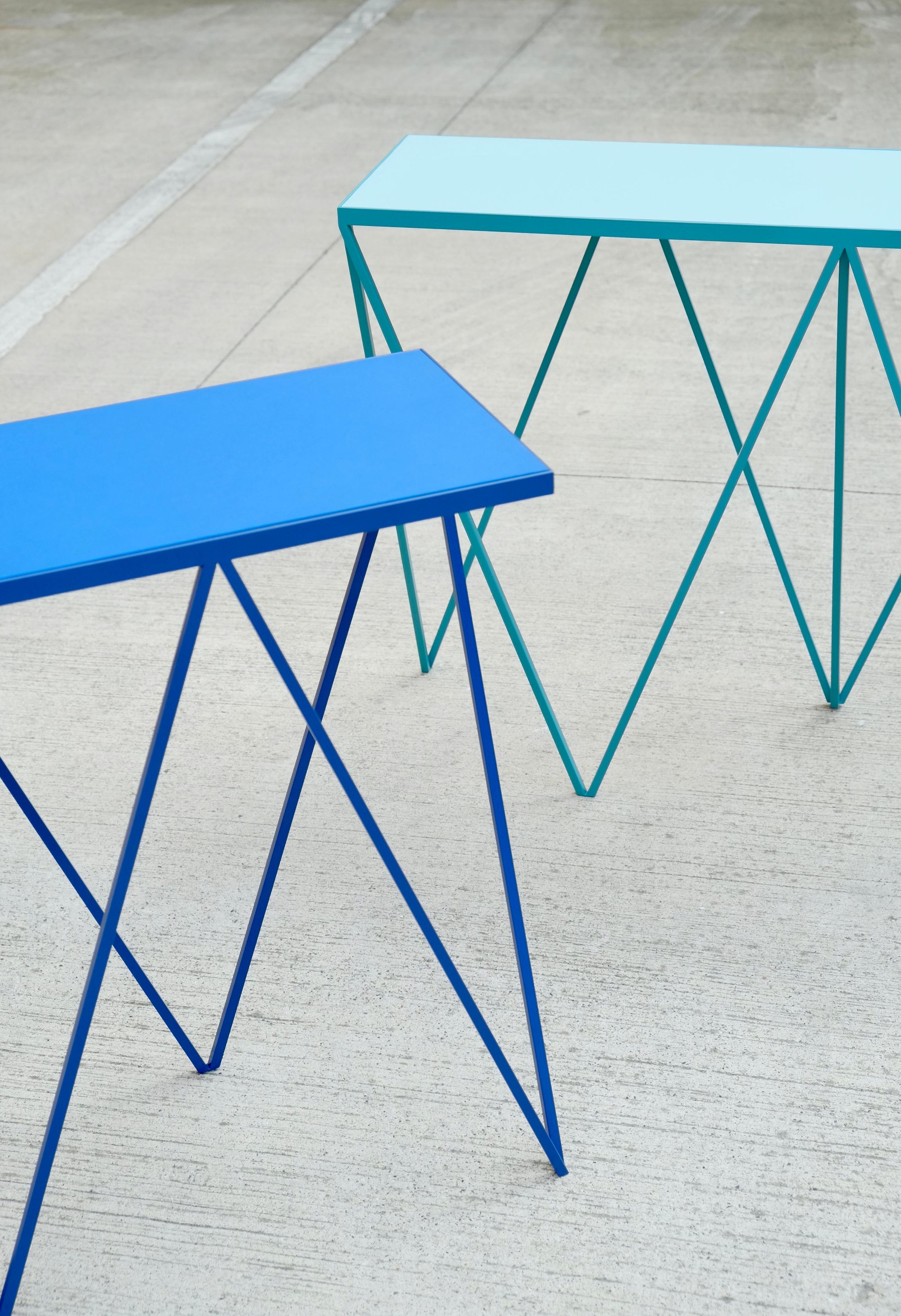 Steel Blue Giraffe Console Table with Linseed Linoleum Table Top For Sale