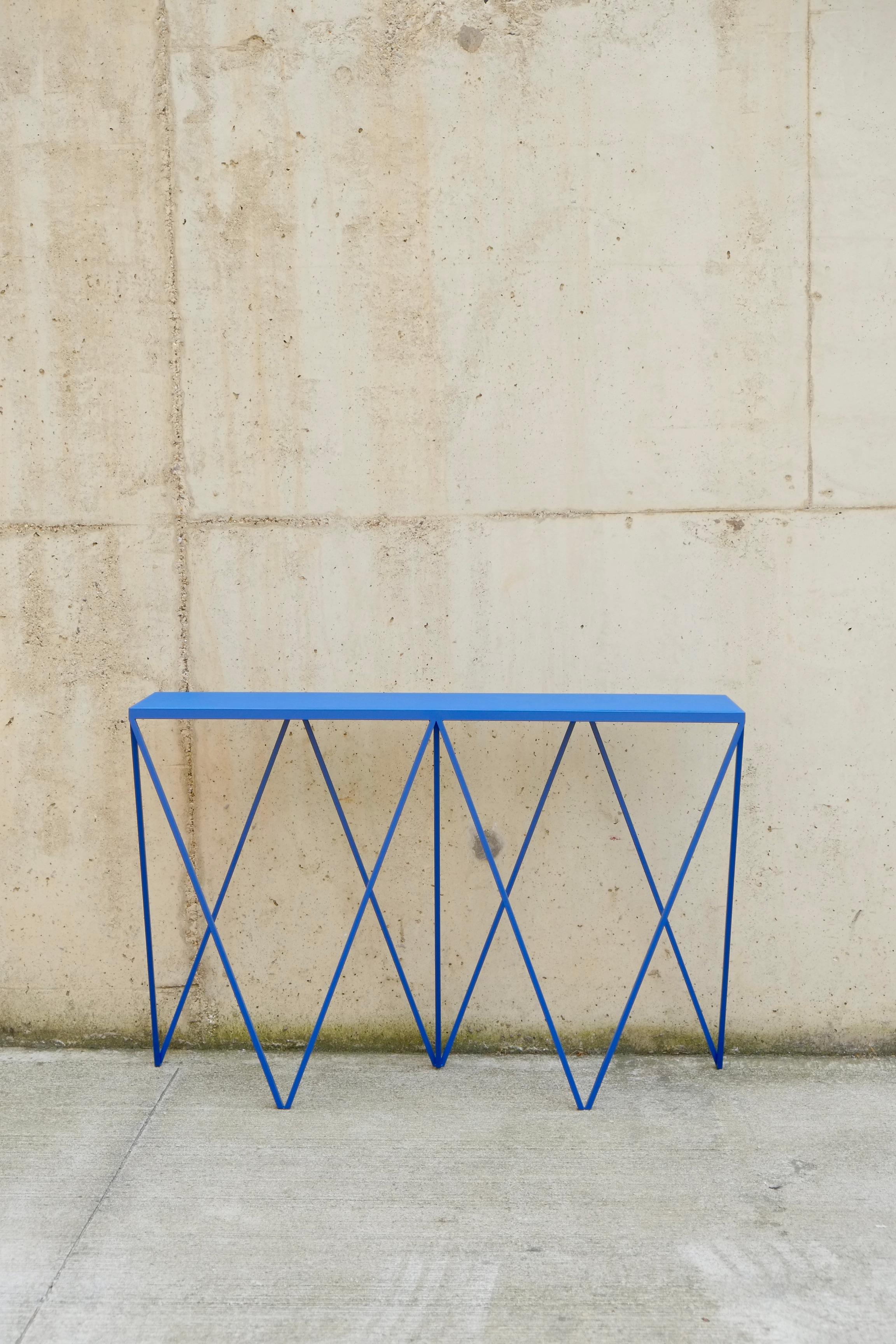 Contemporary Blue Giraffe Console Table with Linseed Linoleum Table Top For Sale