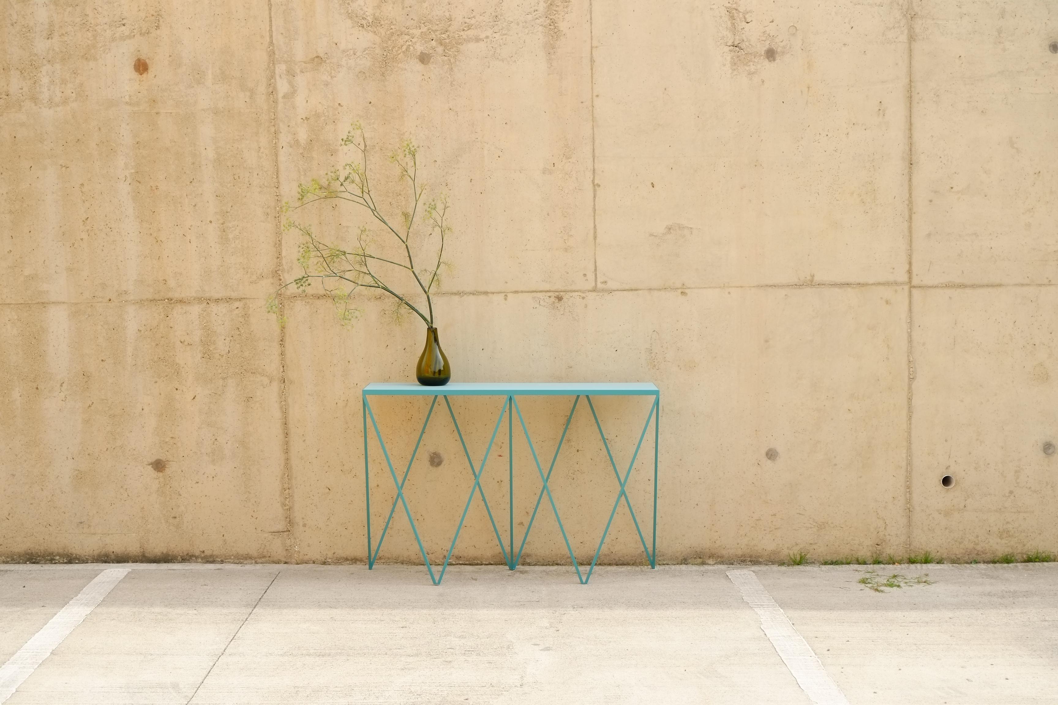 Blue Giraffe Console Table with Linseed Linoleum Table Top For Sale 3